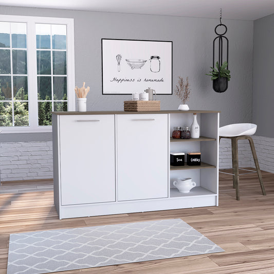 Modern white kitchen island with dark wood countertop and open shelving