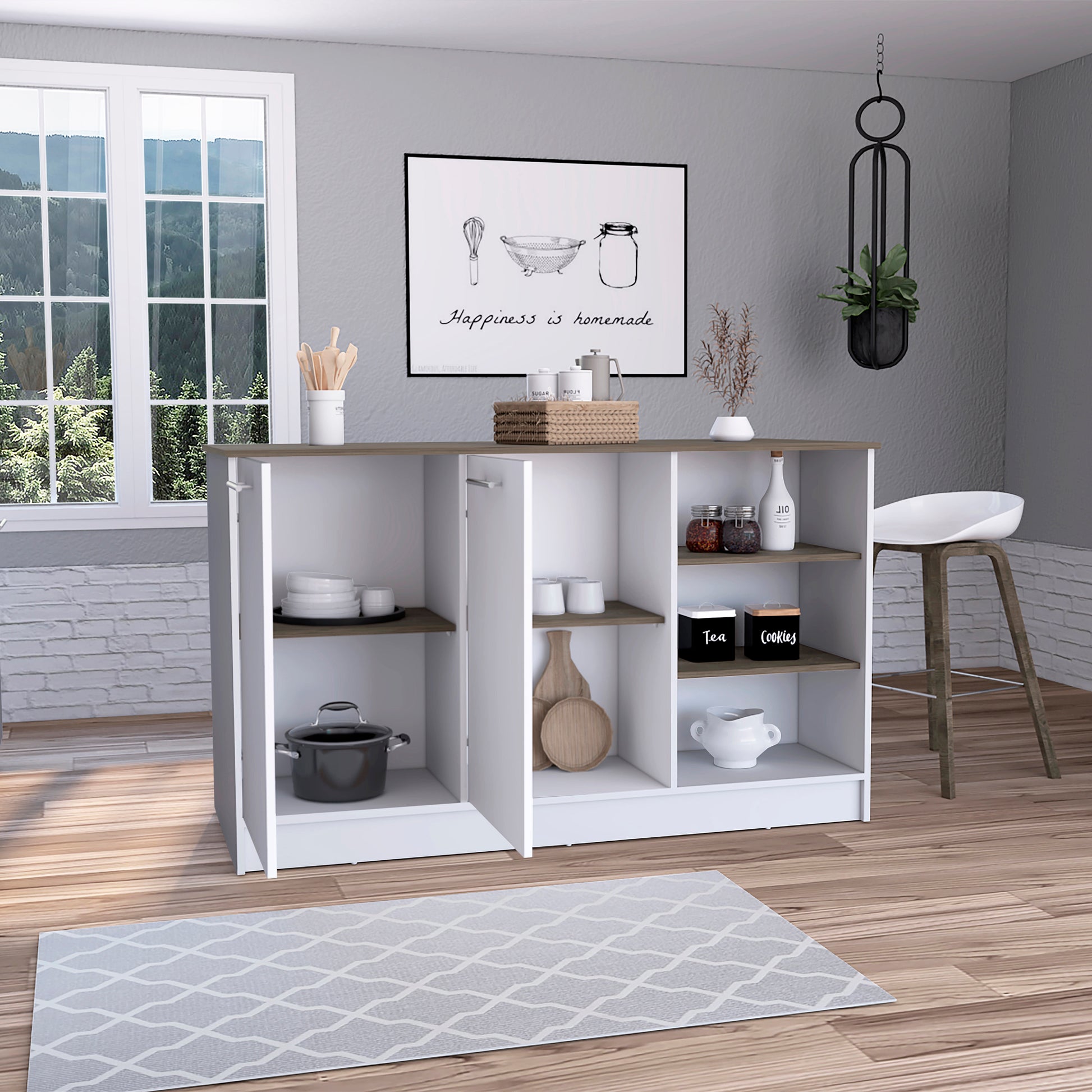 White and gray kitchen island with storage shelves