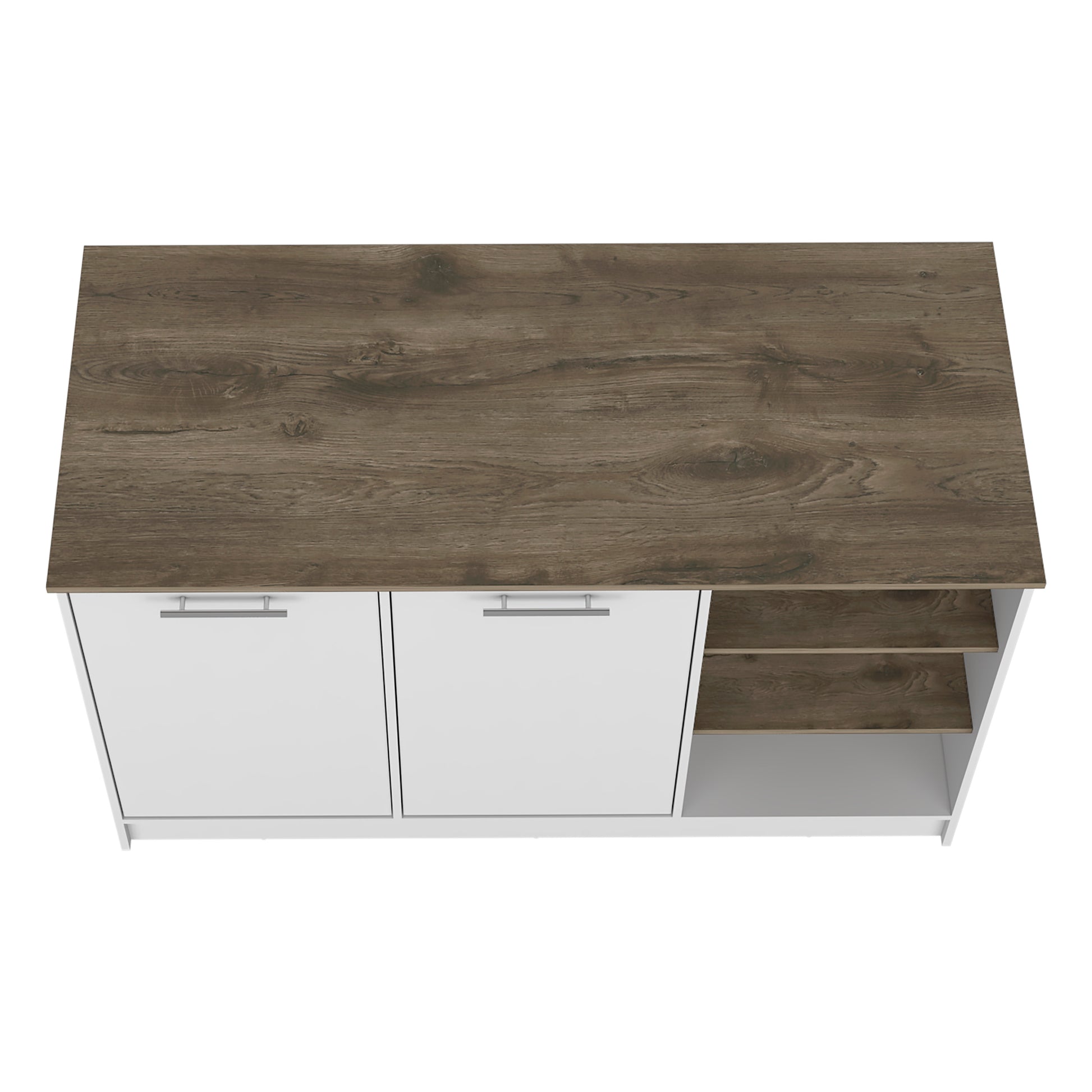 White and wood cabinet with two doors and open shelving