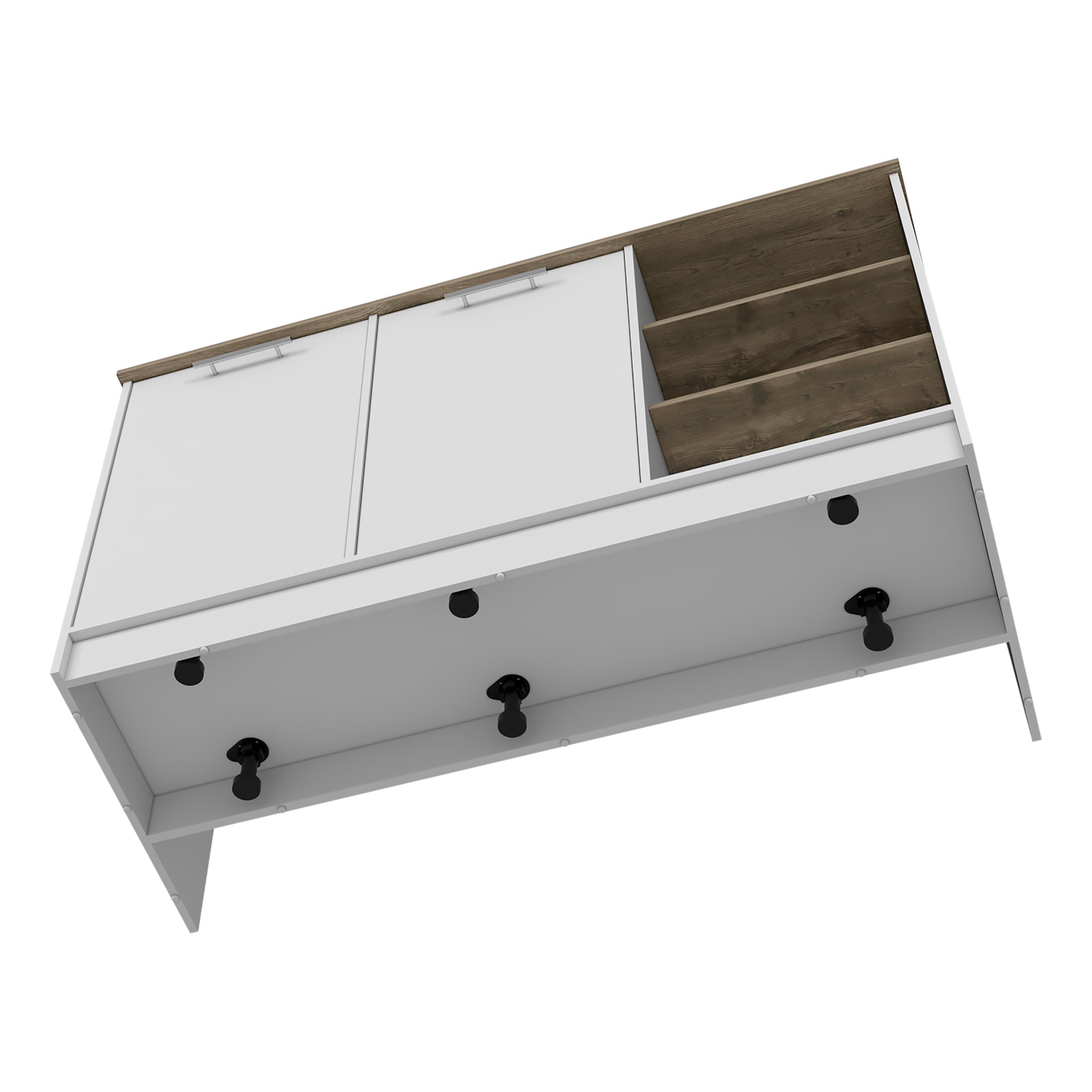 White and wood wallmounted cabinet with silver handles and open shelving
