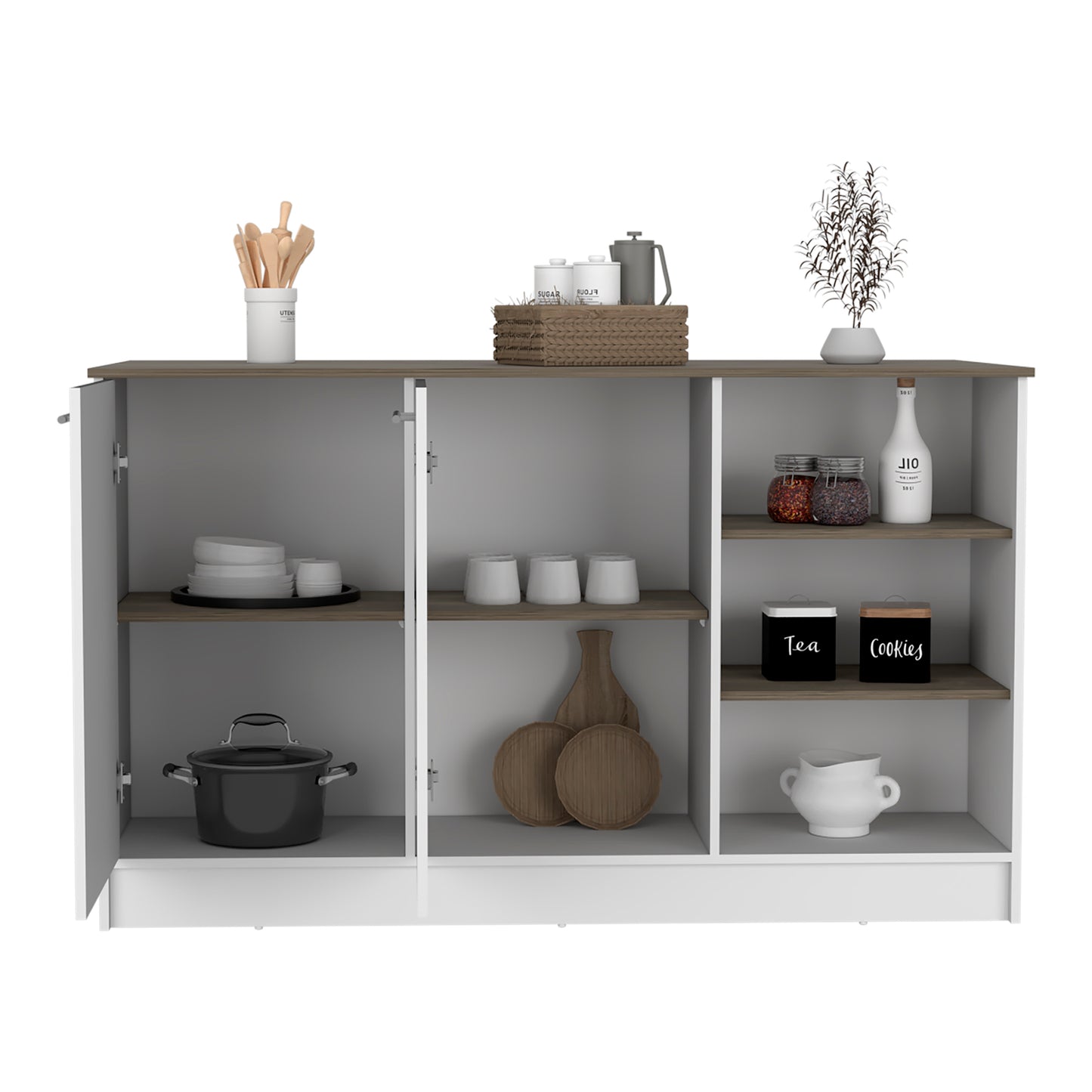Wooden utensils in a white ceramic holder on a modern sideboard