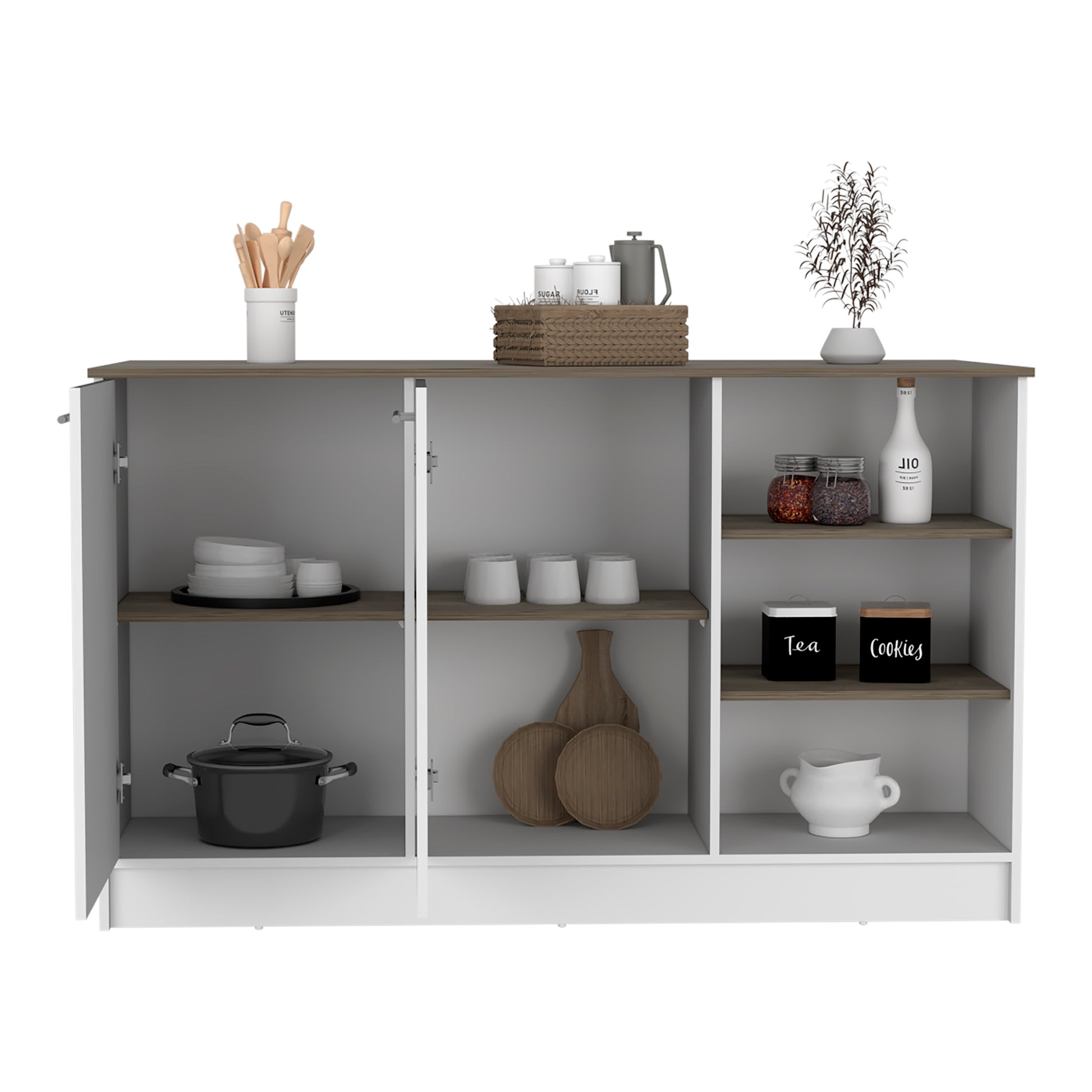 Wooden utensils in a white ceramic holder on a modern sideboard