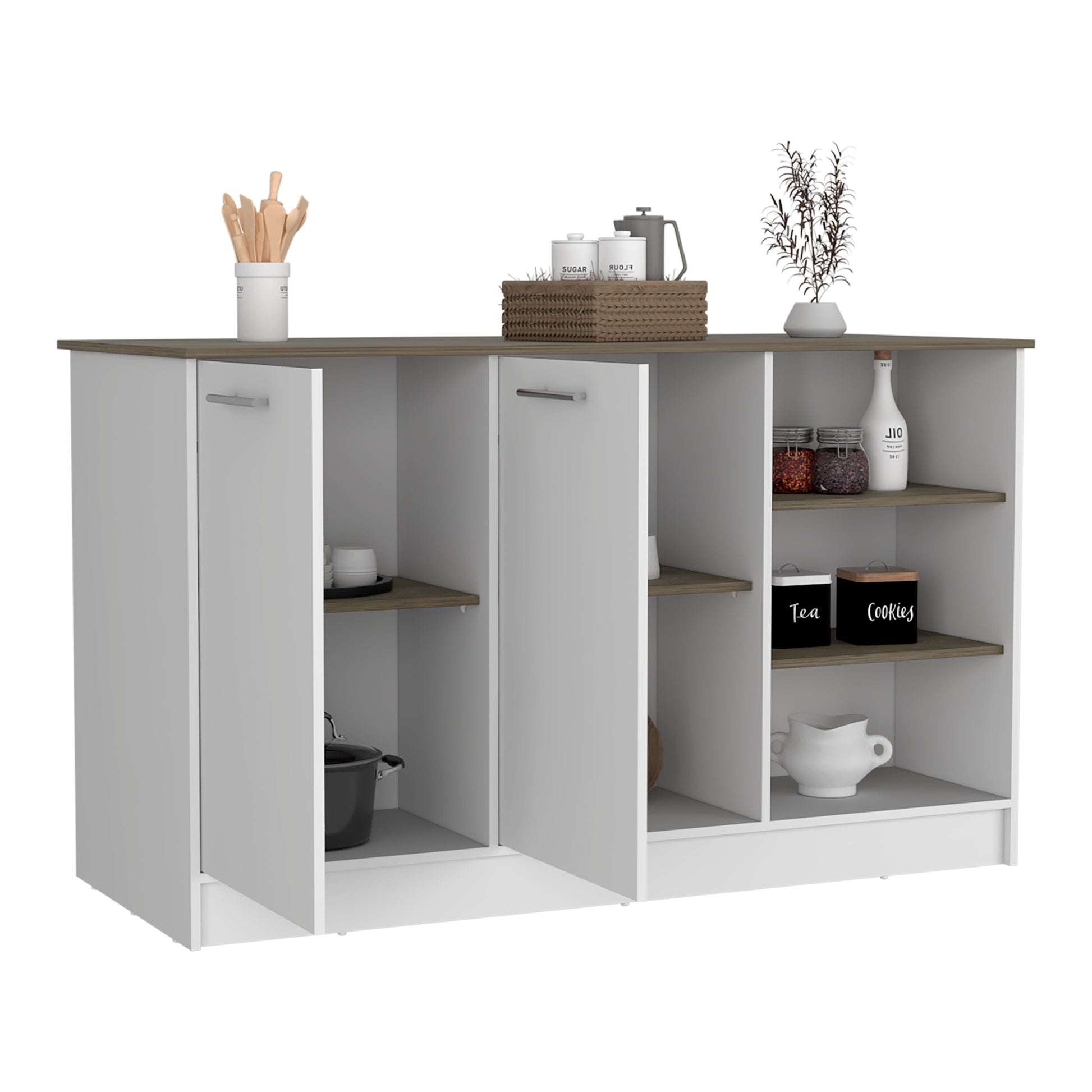 Modern white and wood kitchen sideboard with open and closed cabinets