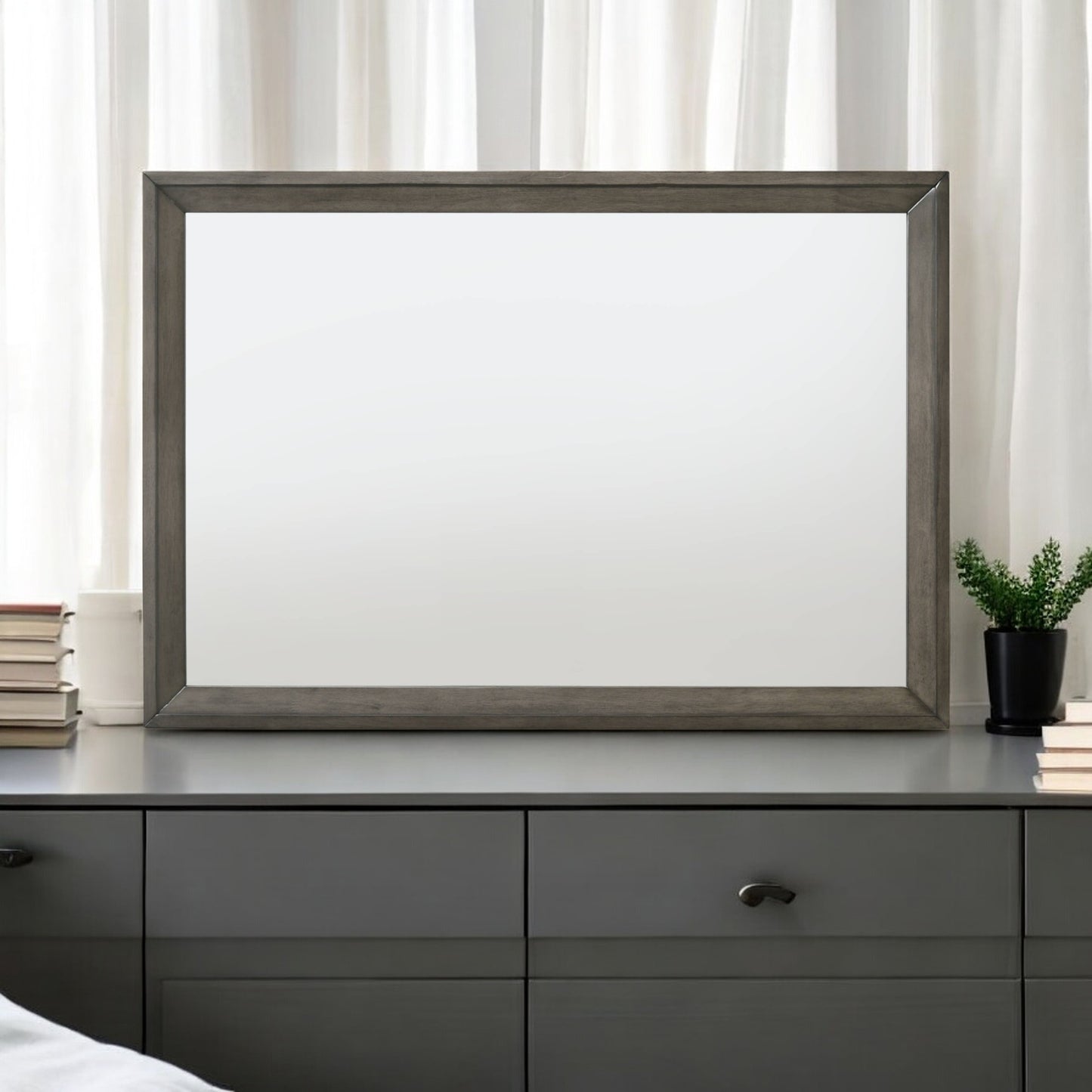 Rectangular grey wood framed wall mirror with clear reflective surface
