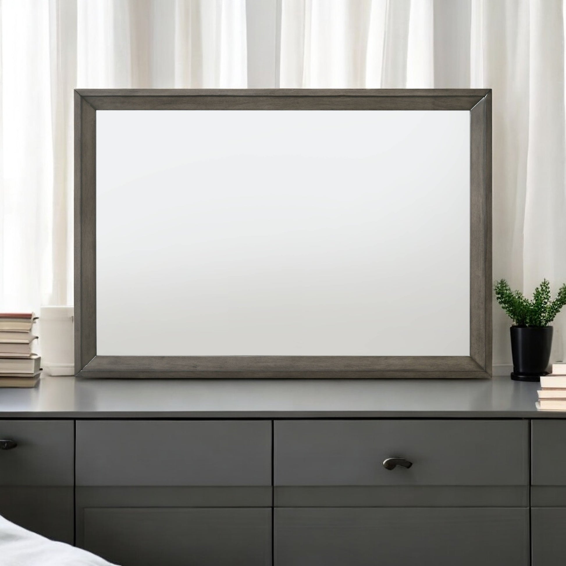 Rectangular grey wood framed wall mirror with clear reflective surface