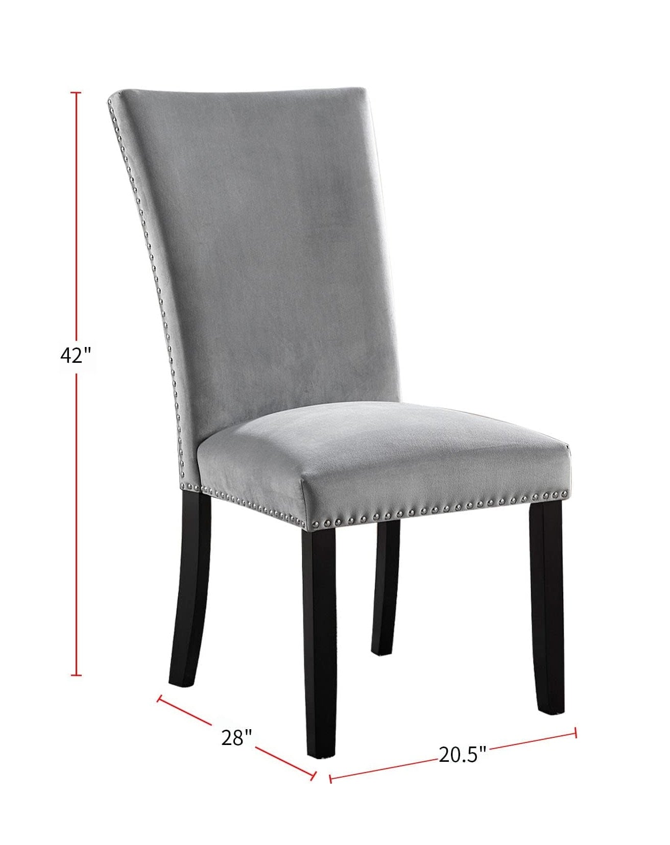 Velvet dining chair in light gray with silver nailhead trim and dark wood legs