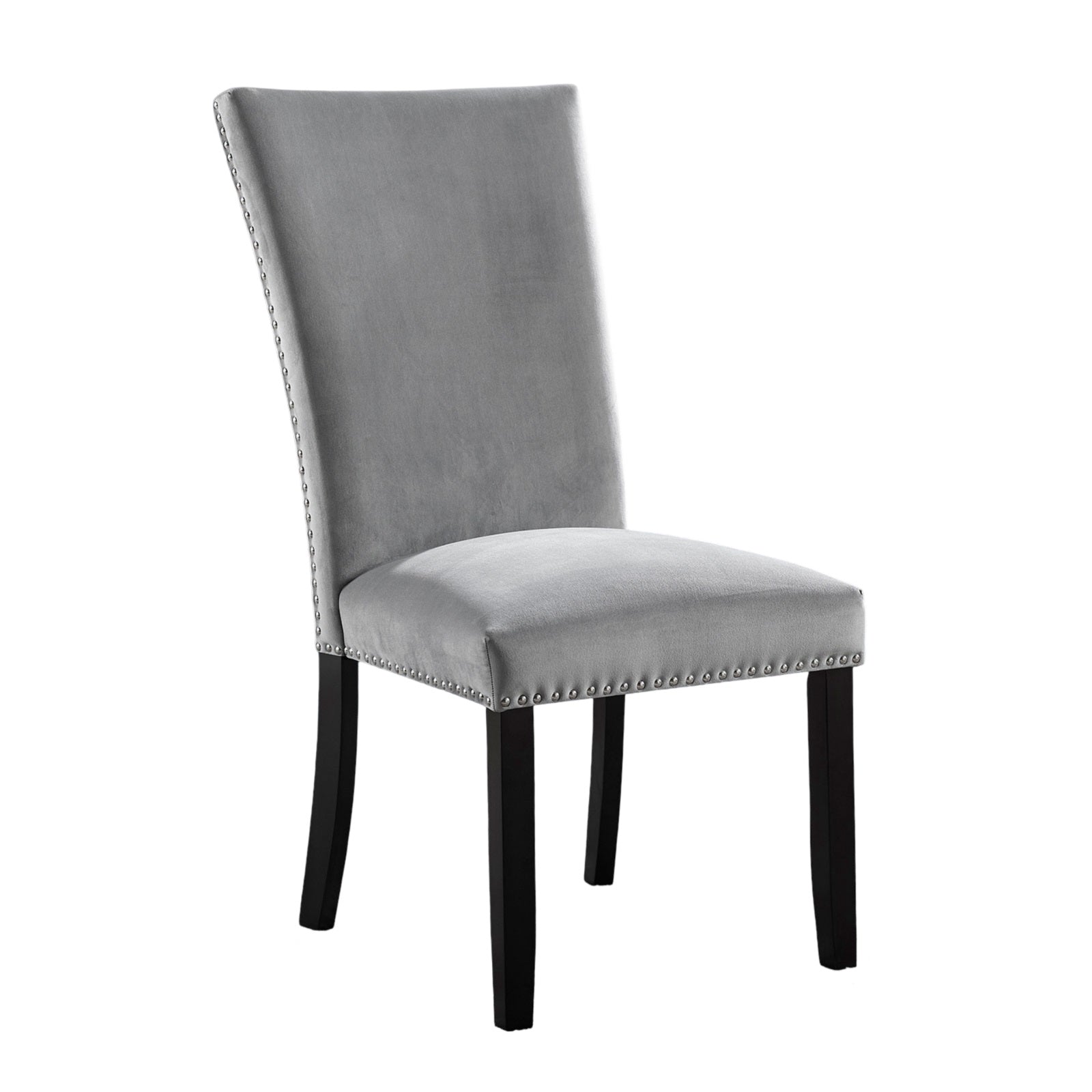 Grey velvet dining chair with nailhead trim and dark wood legs