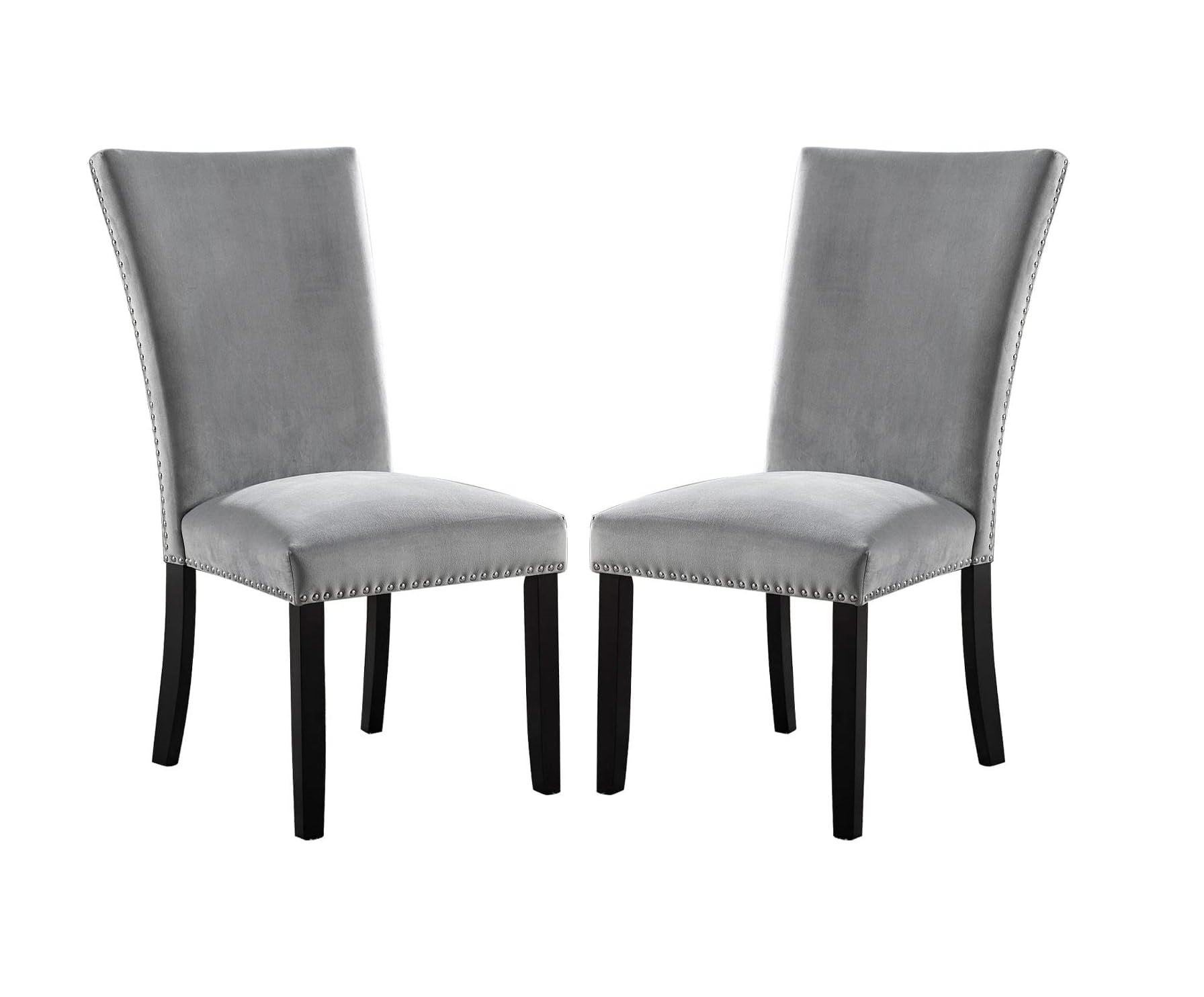 Two grey velvet dining chairs with studded trim and dark wood legs