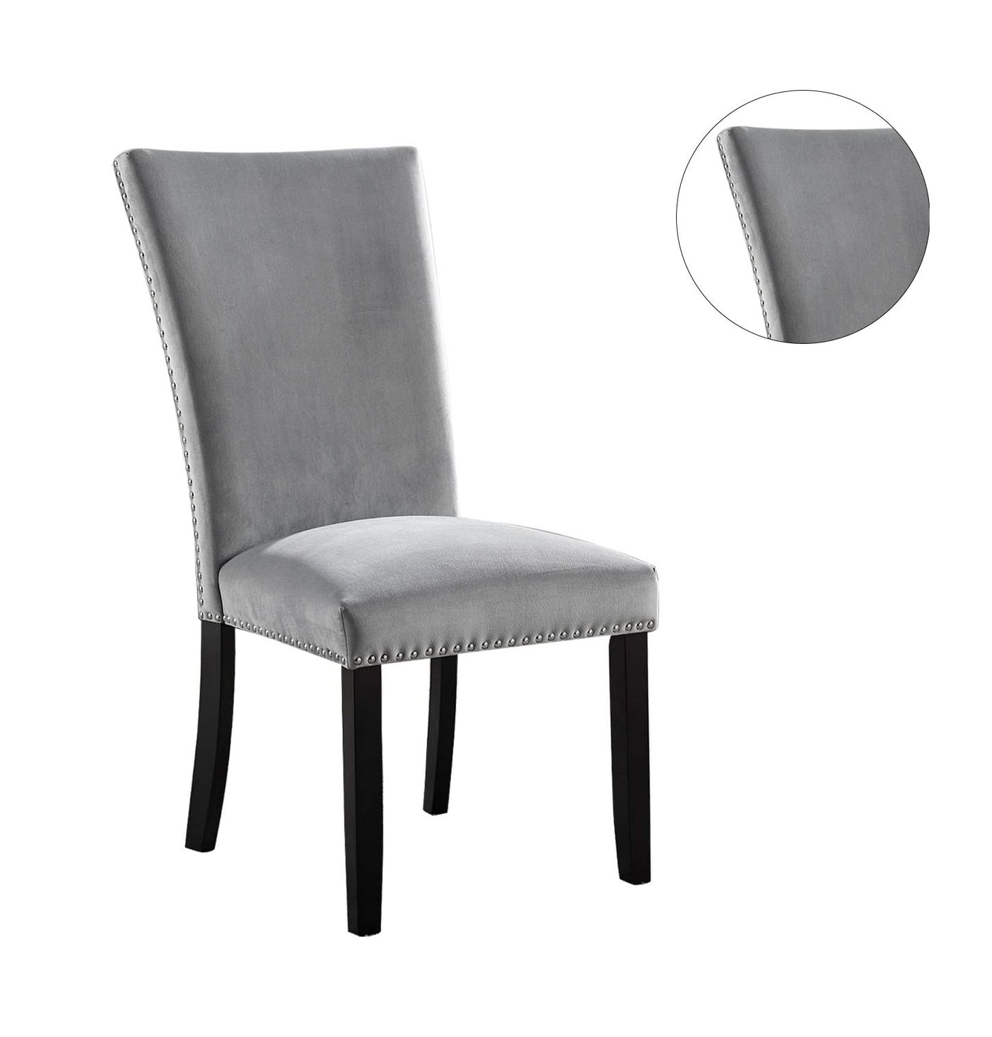 Elegant gray velvet dining chair with silver nailhead trim and dark wood legs