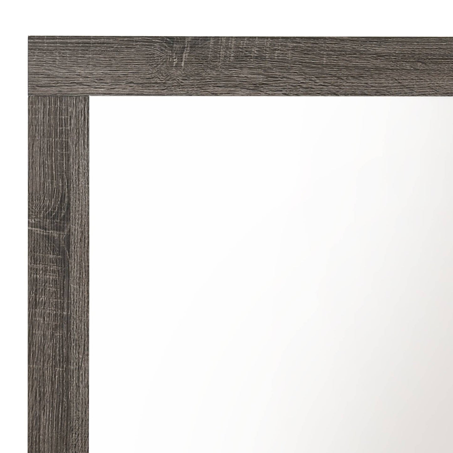 Closeup of a rustic grey wood veneer picture frame corner