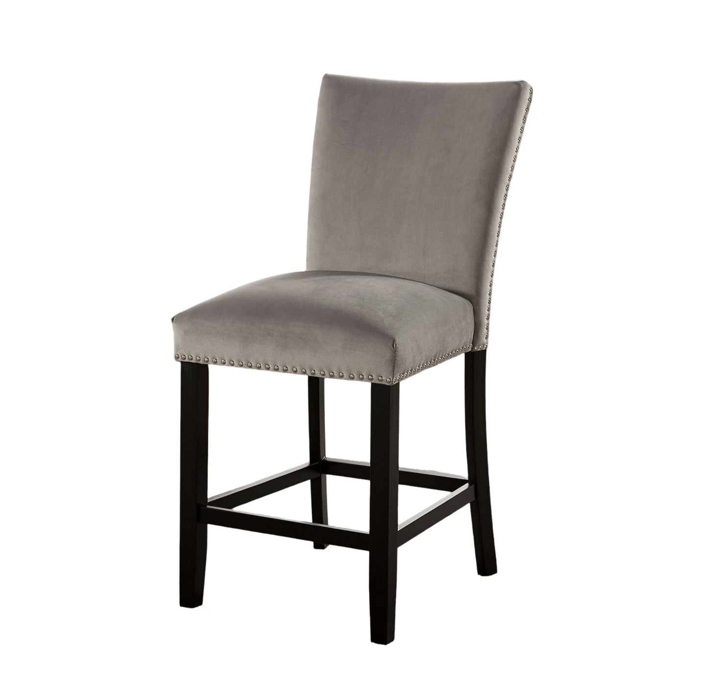 Gray velvet upholstered counter stool with silver nailhead trim and dark wood legs