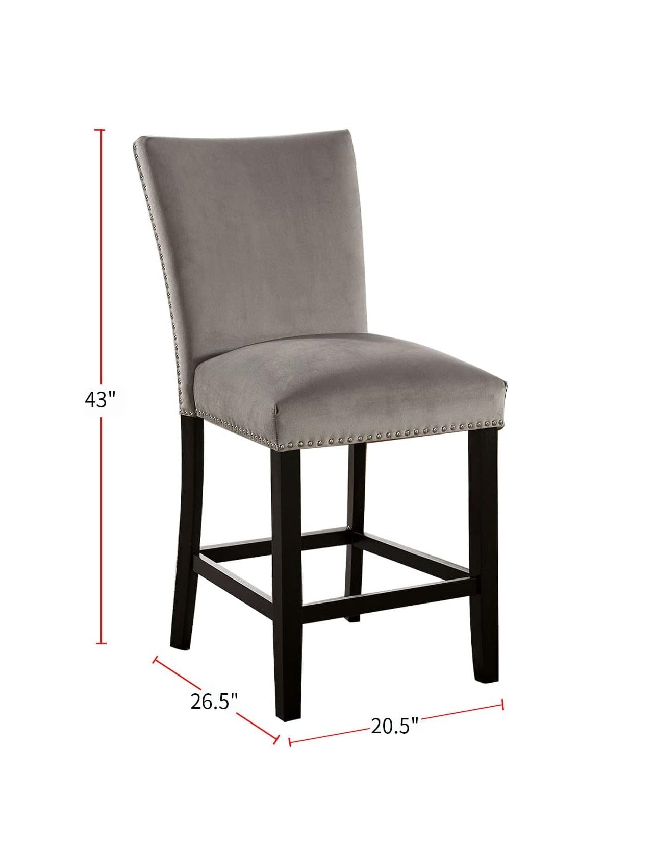 Grey velvet counter stool with silver nailhead trim and dark wood legs