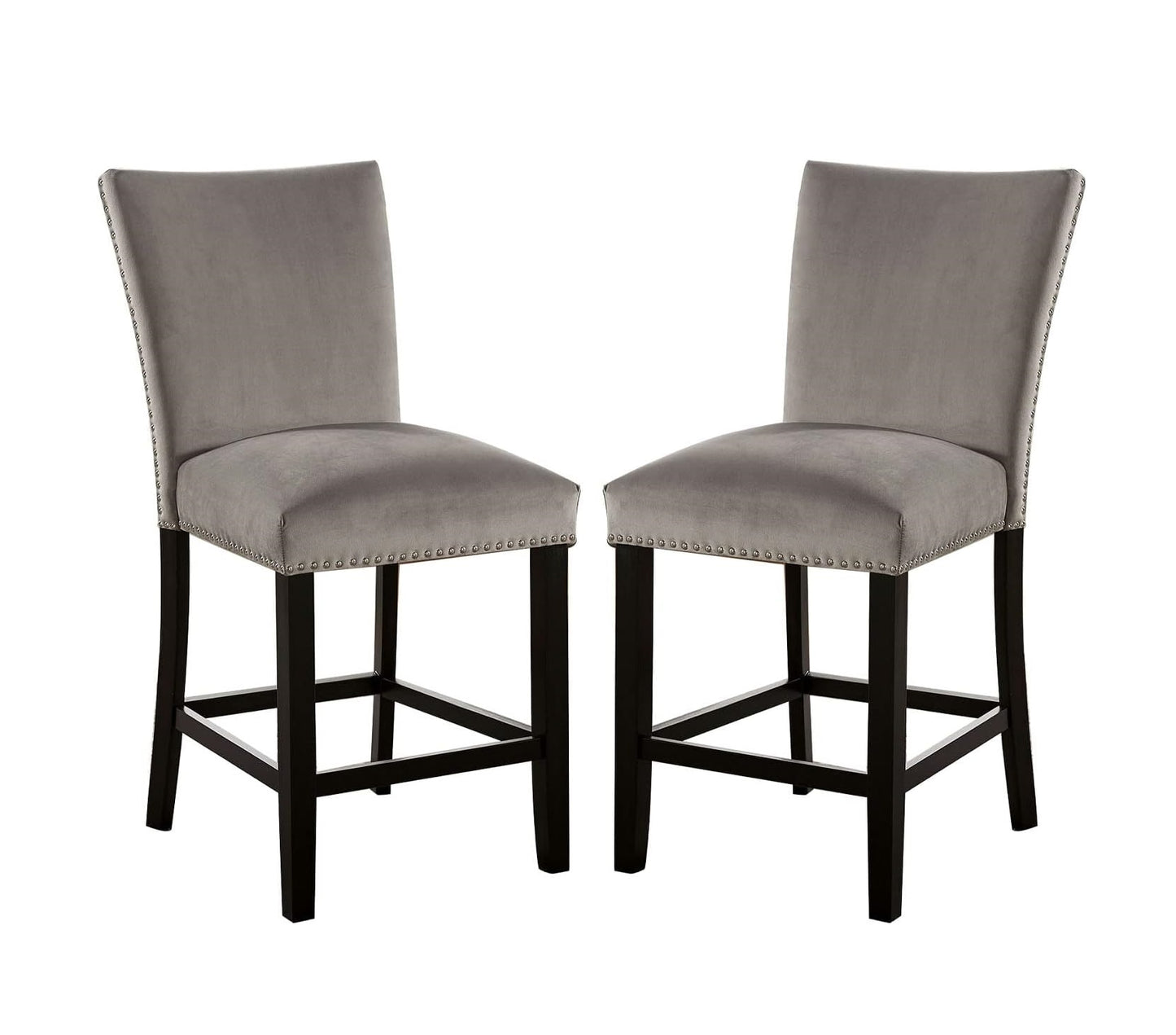 Two grey velvet bar stools with nailhead trim and dark wood legs