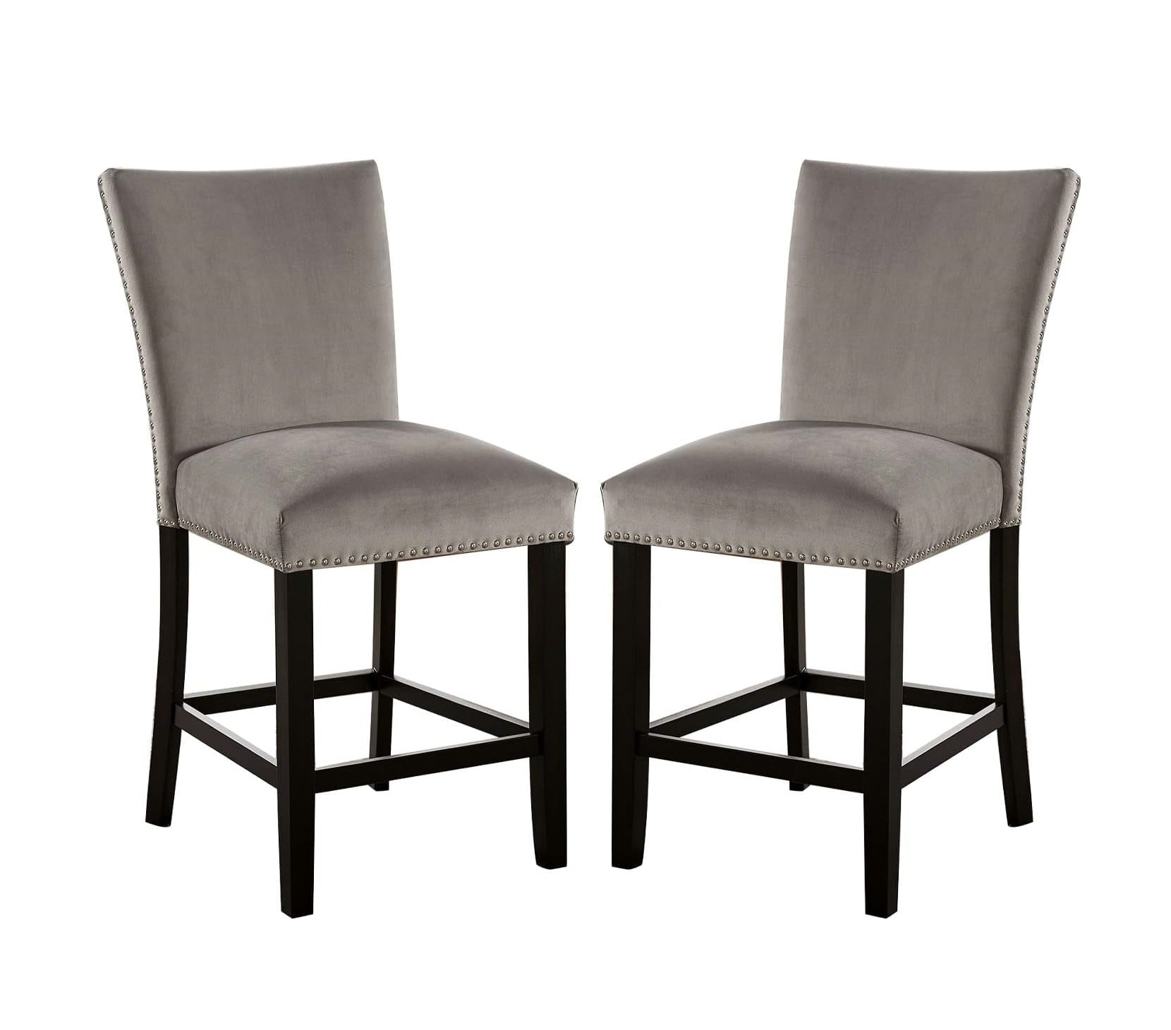 Two grey velvet bar stools with nailhead trim and dark wood legs