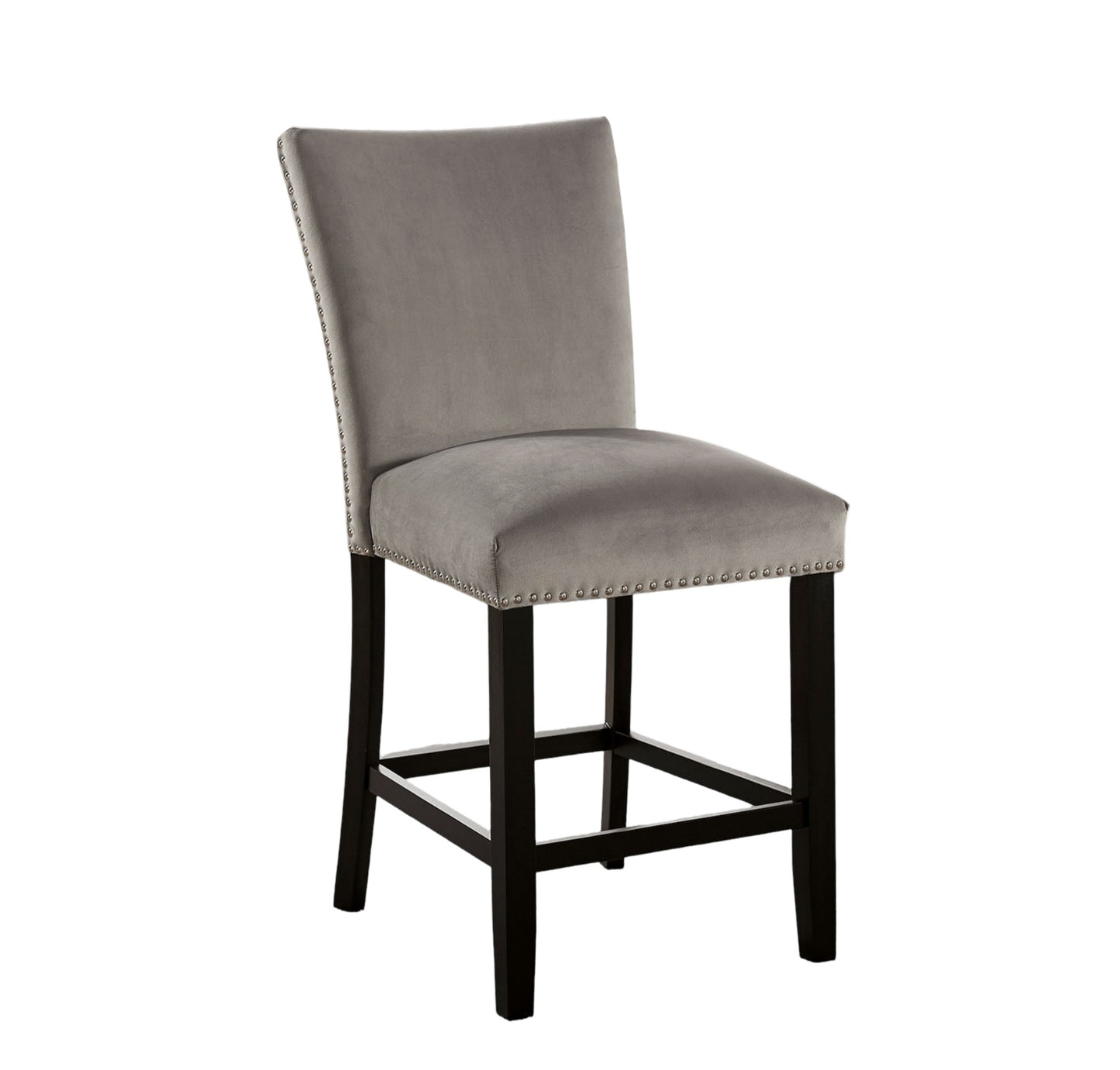 Grey velvet counter stool with nailhead trim and dark wood legs