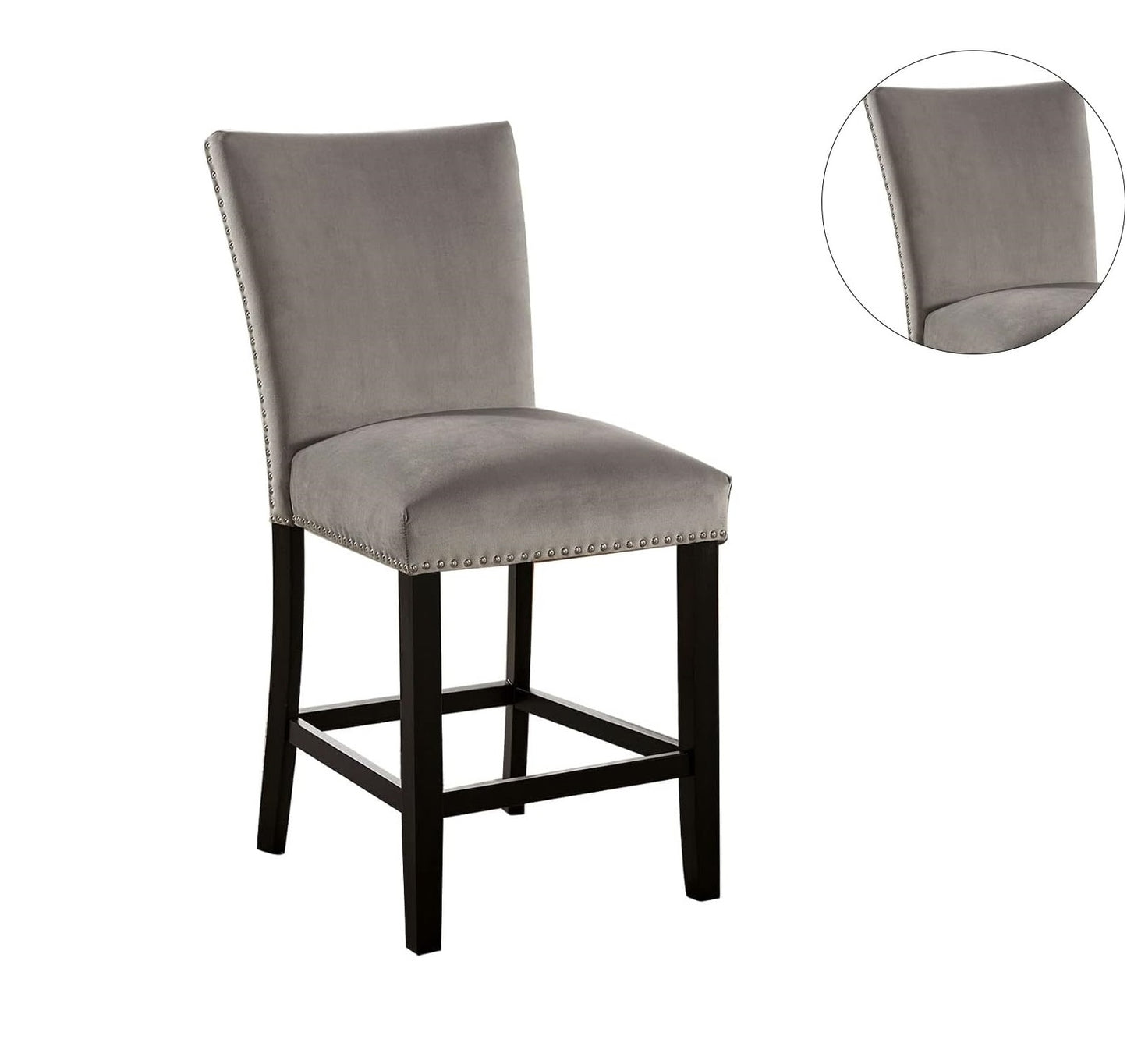 Grey velvet bar stool with nailhead trim and dark wood legs