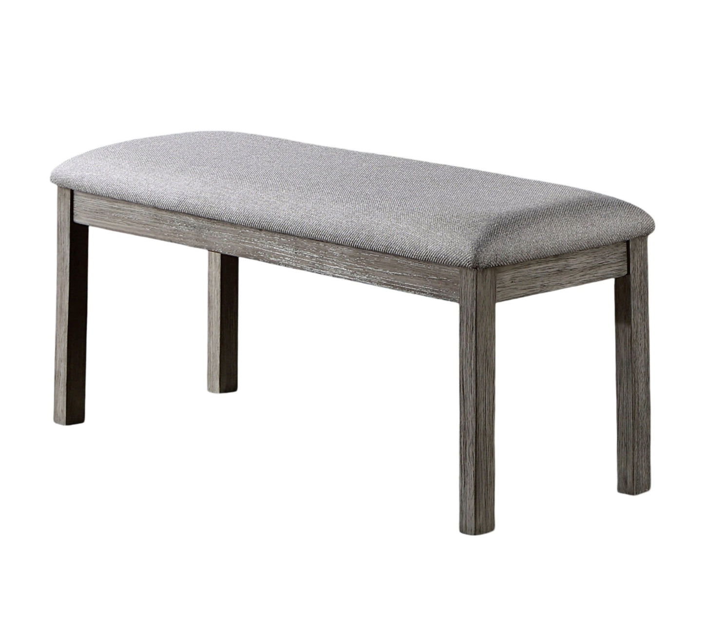 Grey upholstered dining bench with distressed wood frame