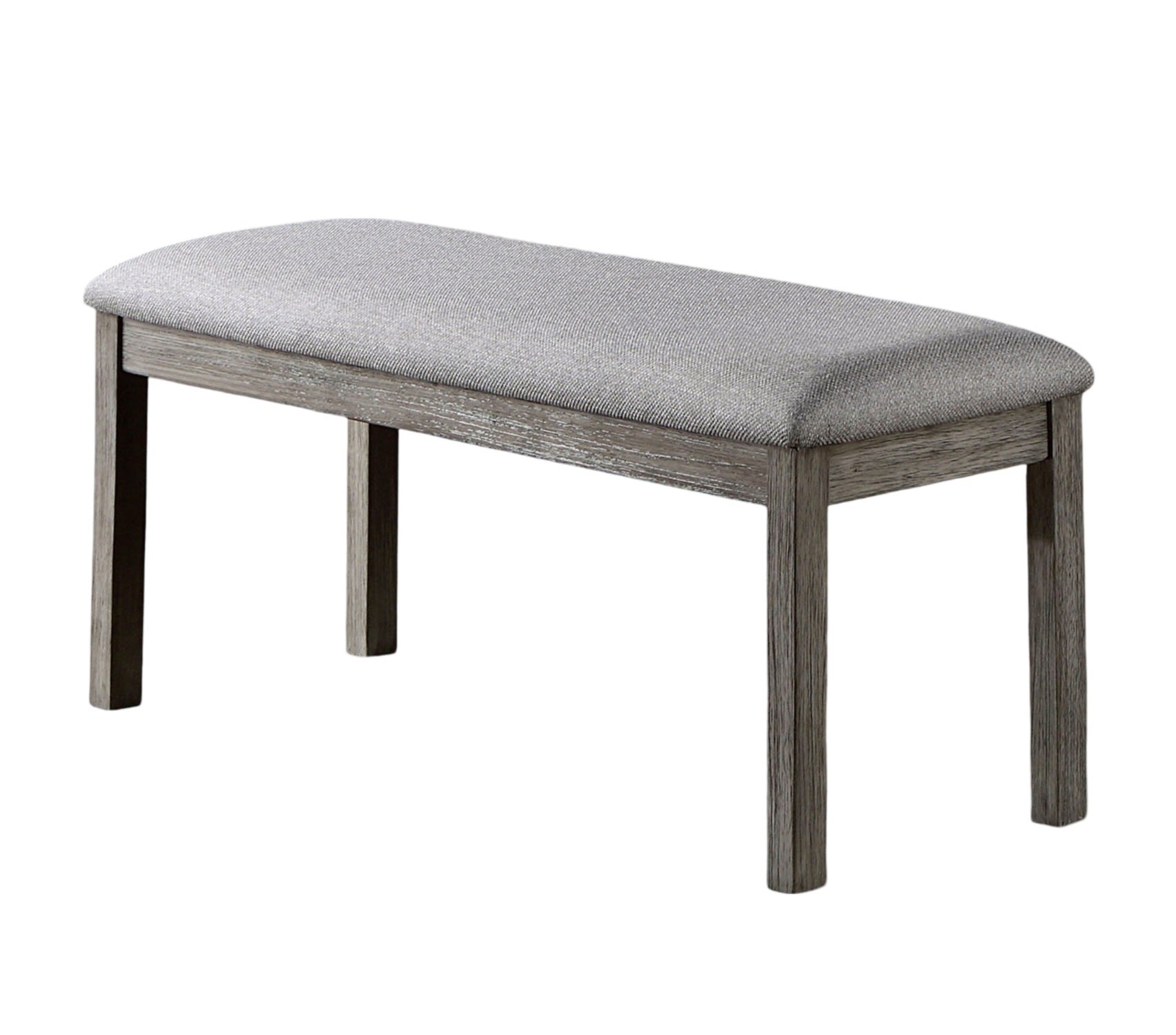 Grey upholstered dining bench with distressed wood frame