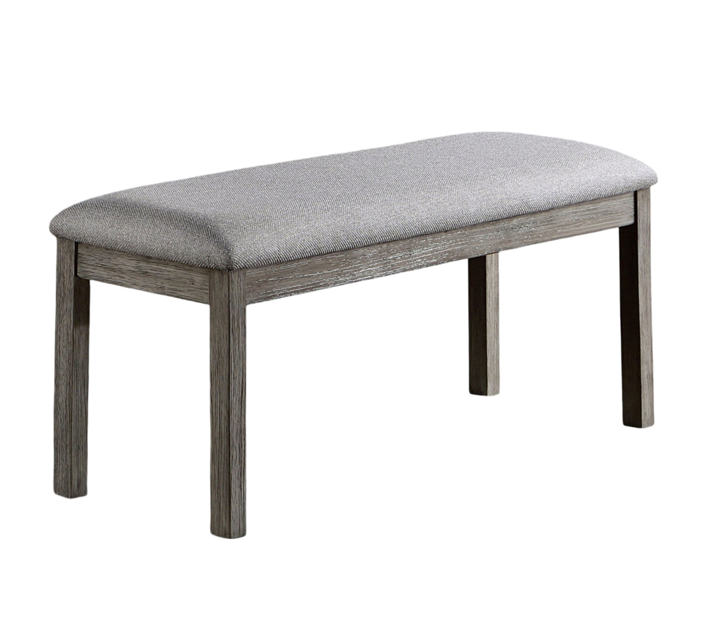 Grey upholstered bench with distressed wood legs