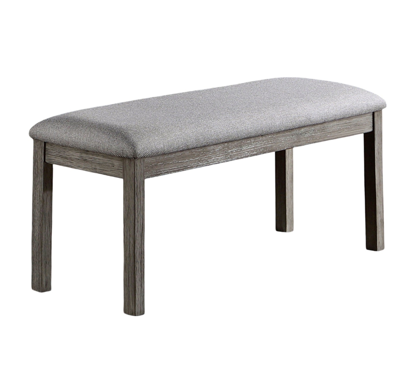 Grey upholstered bench with distressed wood legs