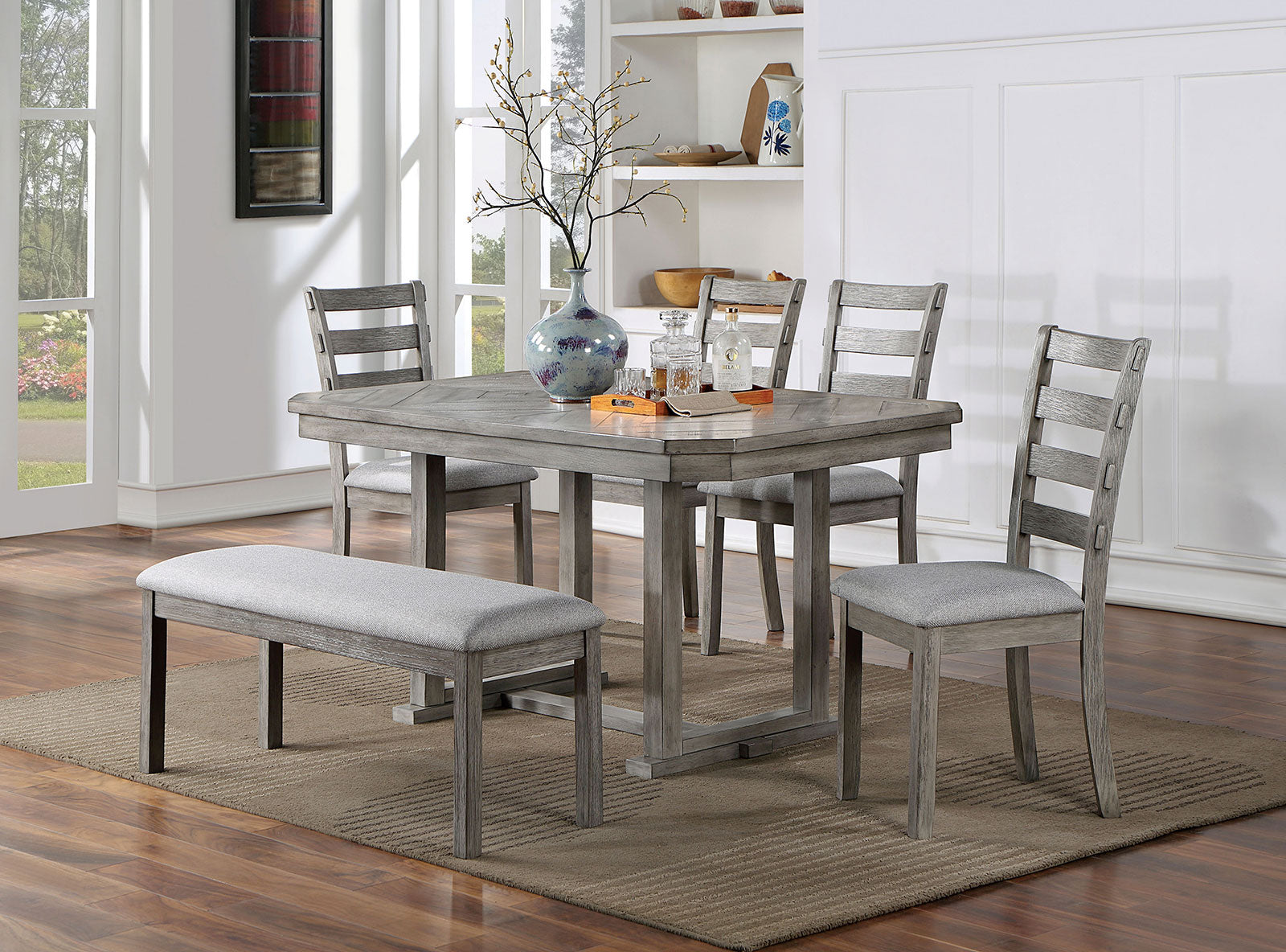Rustic grey dining set with bench and four chairs