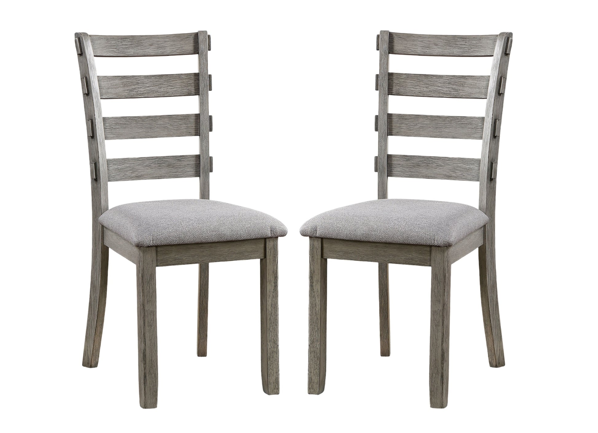 Two grey wood ladder back dining chairs with upholstered seats