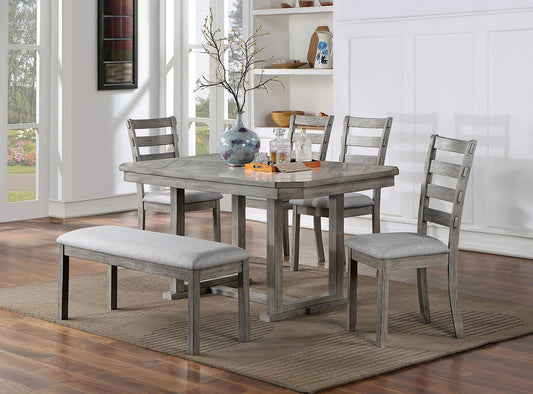 Gray wood dining table and chairs set with upholstered bench