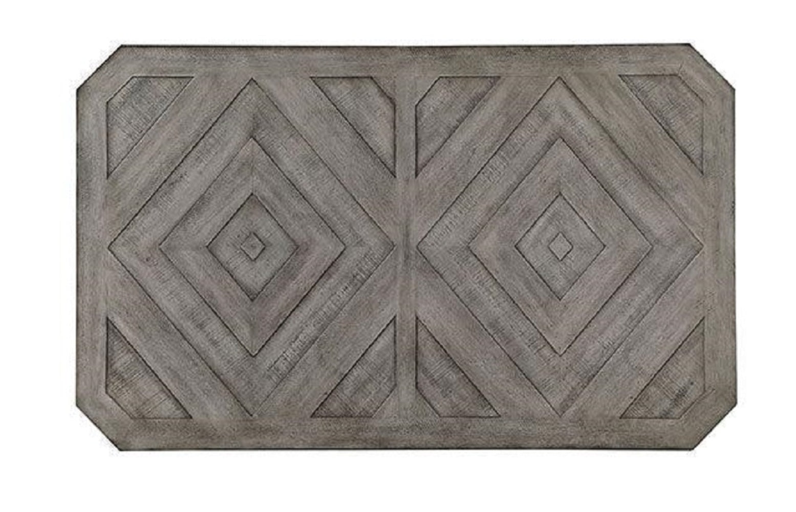 Distressed gray wood table top with geometric diamond inlay pattern