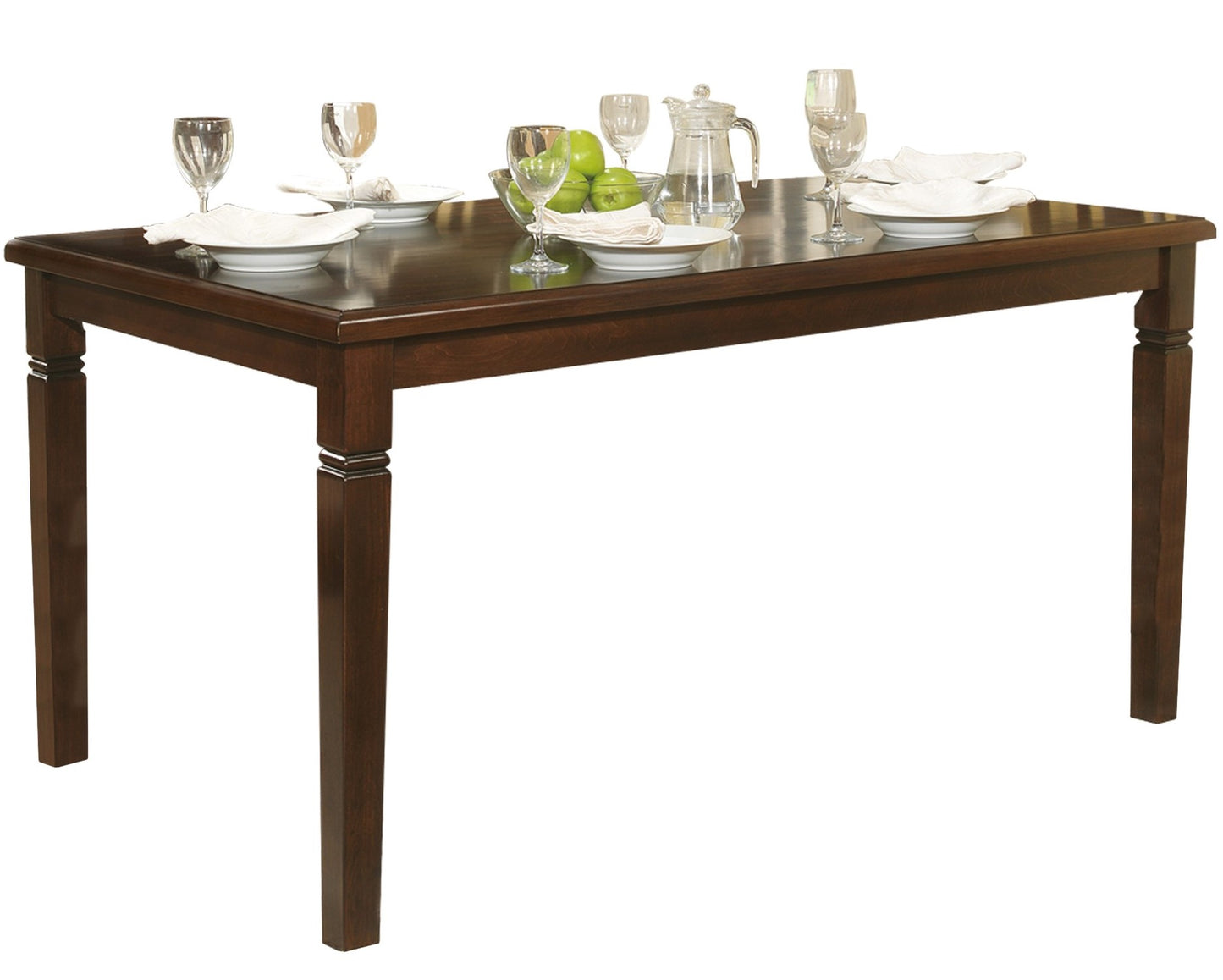 Dark cherry wood dining table set with white plates glasses and green apples