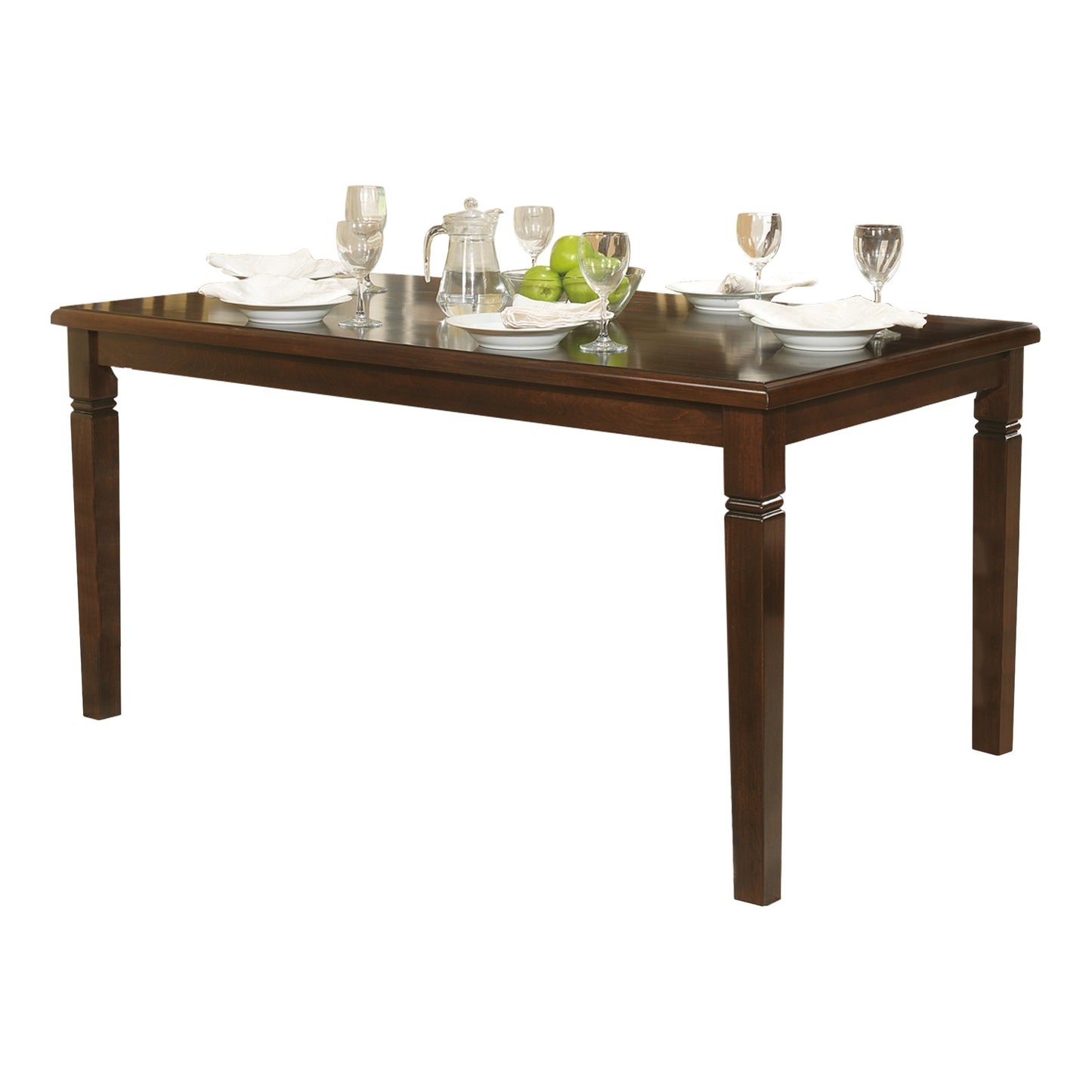 Dark wood dining table set for four with place settings