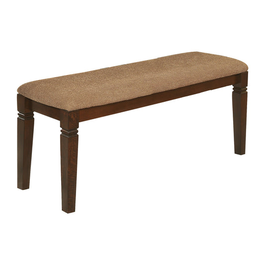 Brown fabric upholstered dining bench with dark wood legs
