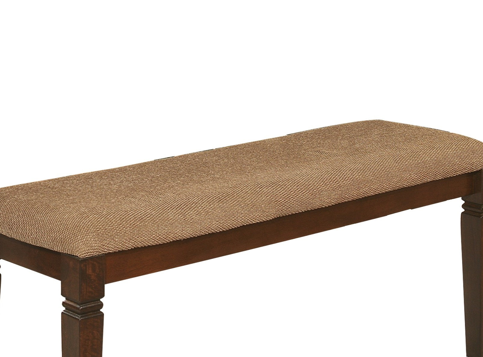 Brown upholstered bench with dark wood legs