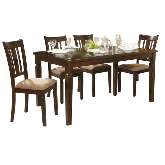 Dark wood dining table with upholstered chairs set for a meal