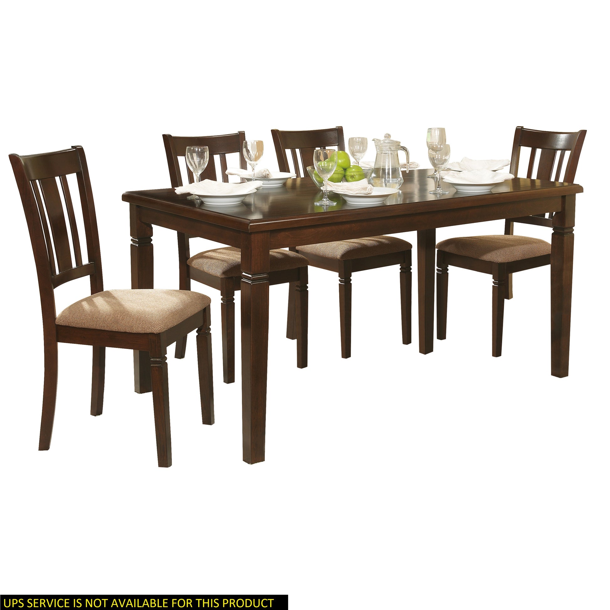 Dark wood dining table set with four upholstered chairs