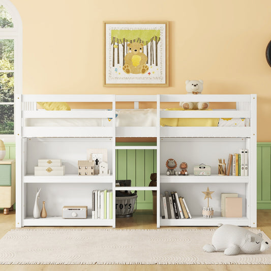 White loft bed frame with integrated shelving for kids room storage