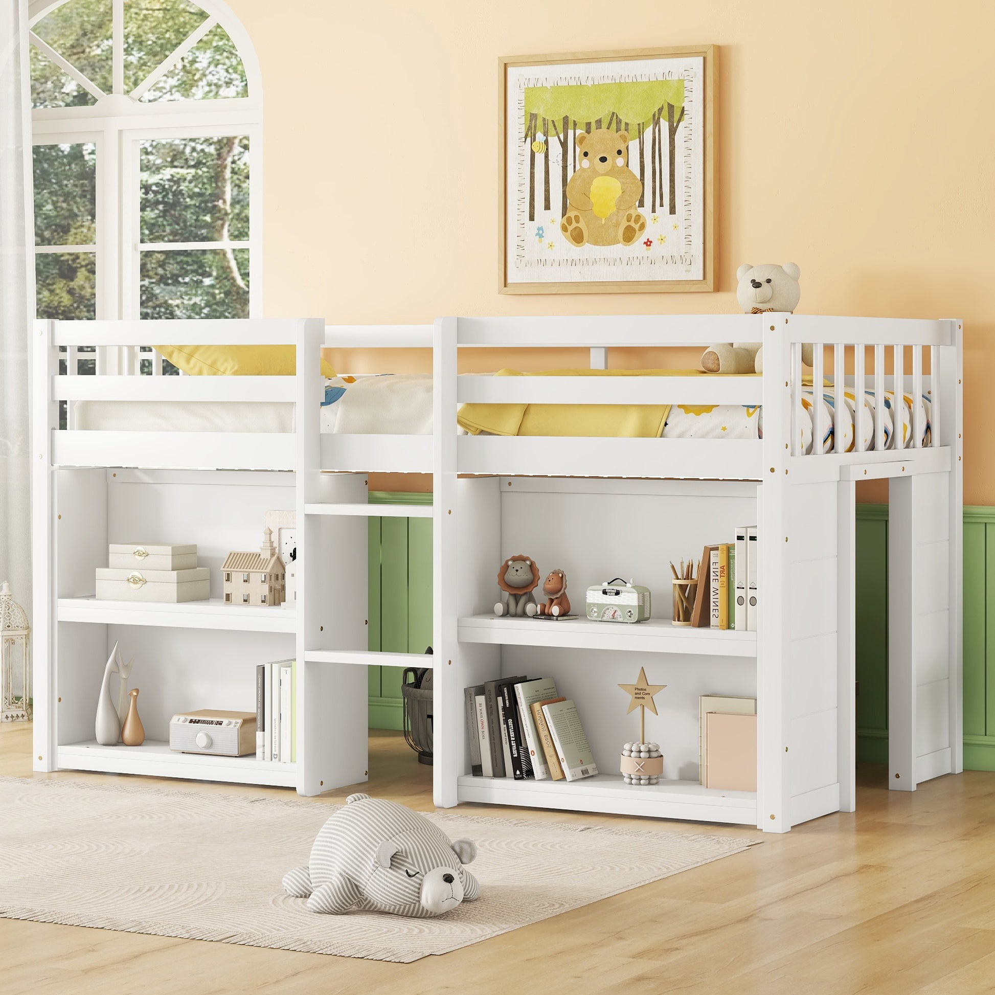 White wooden loft bed with integrated bookshelves