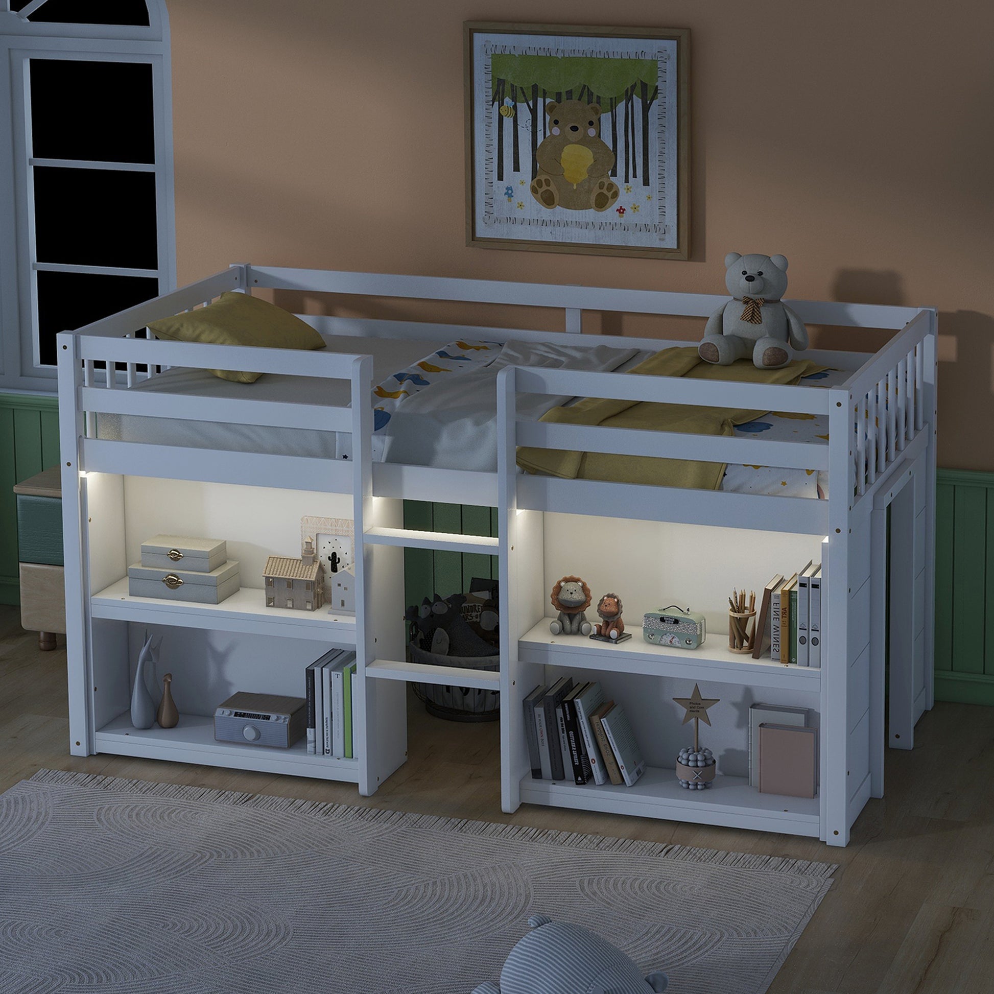 White loft bed with builtin shelves and integrated lighting for a childs bedroom