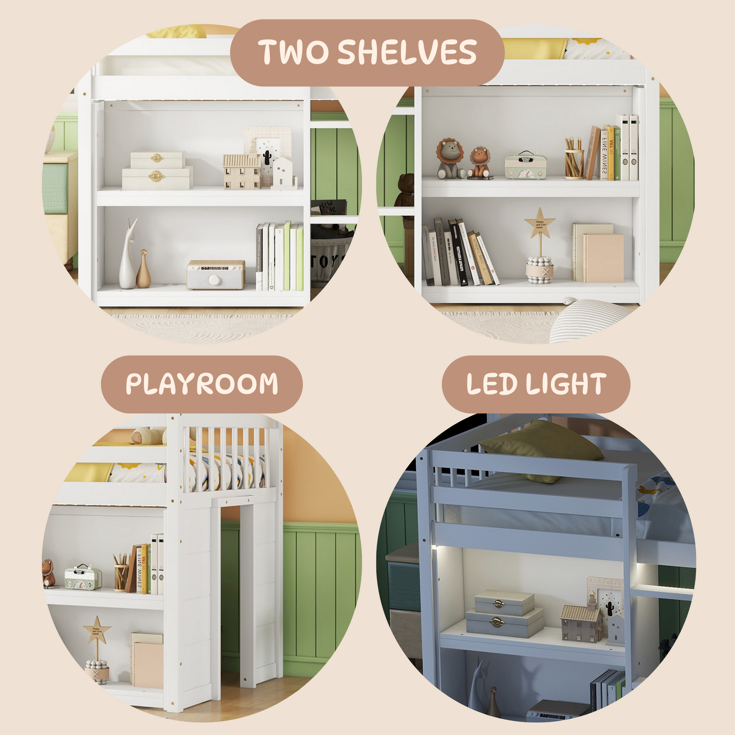 White bunk bed with two shelves displaying decorative boxes and books