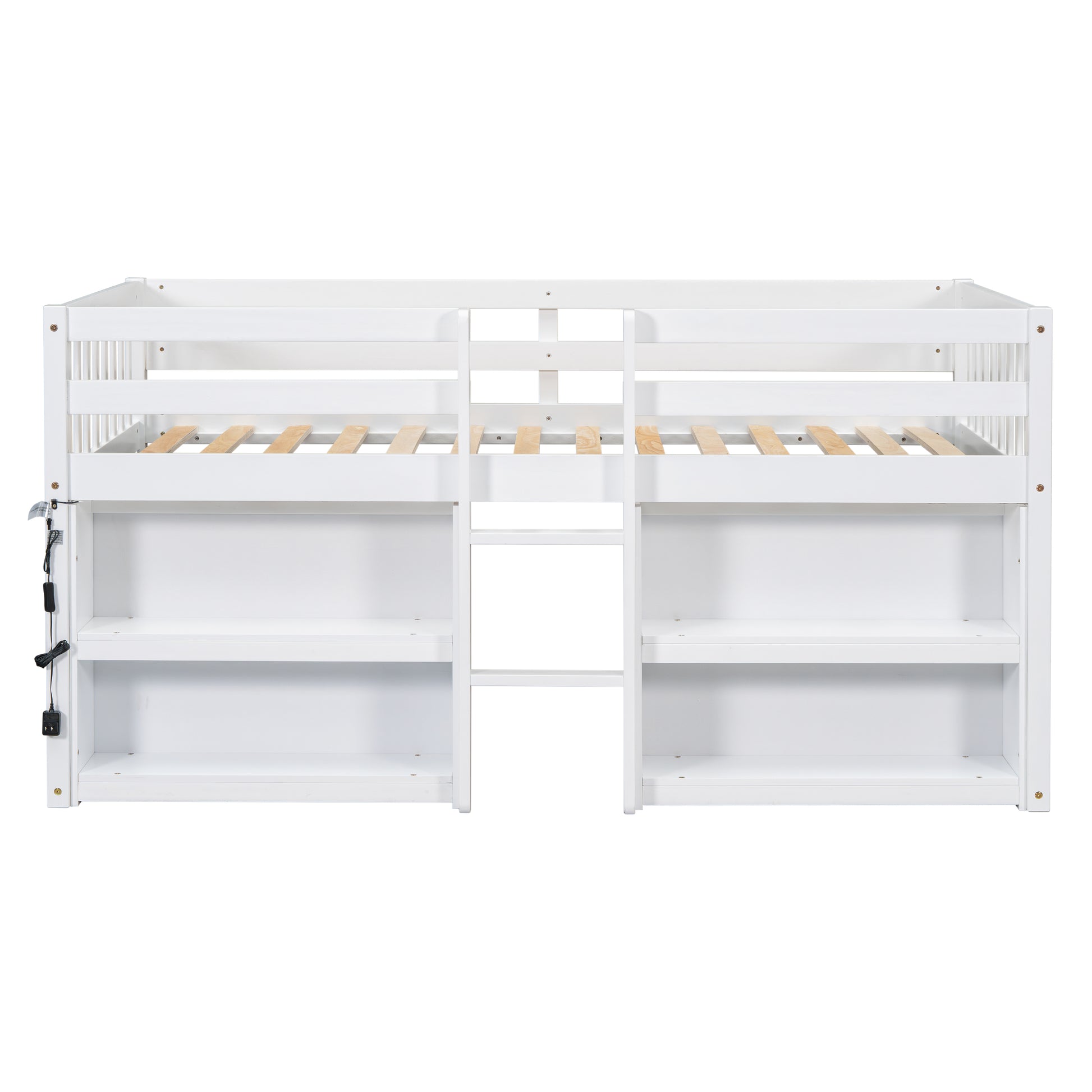 White wooden loft bed with builtin shelves and ladder for kids