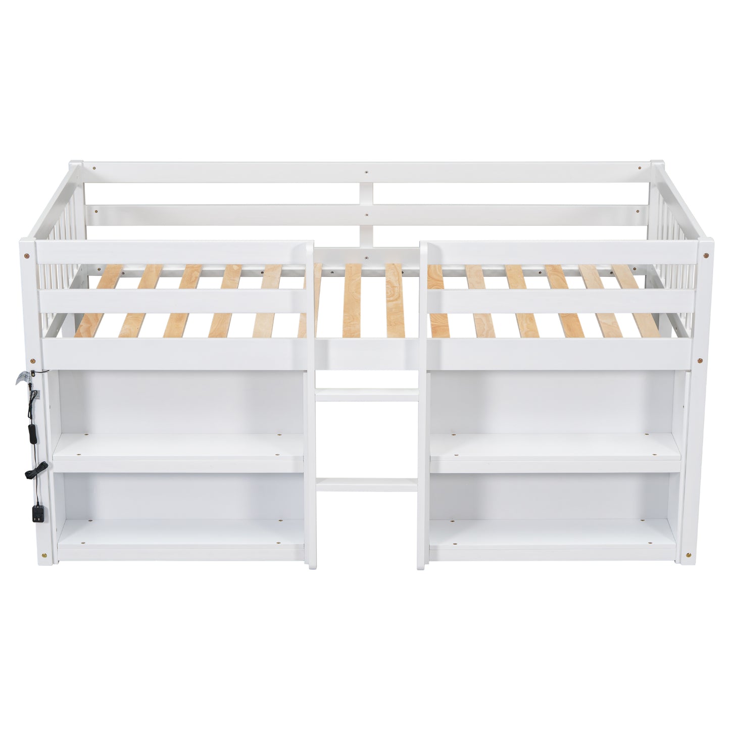 White loft bed with integrated shelving and ladder