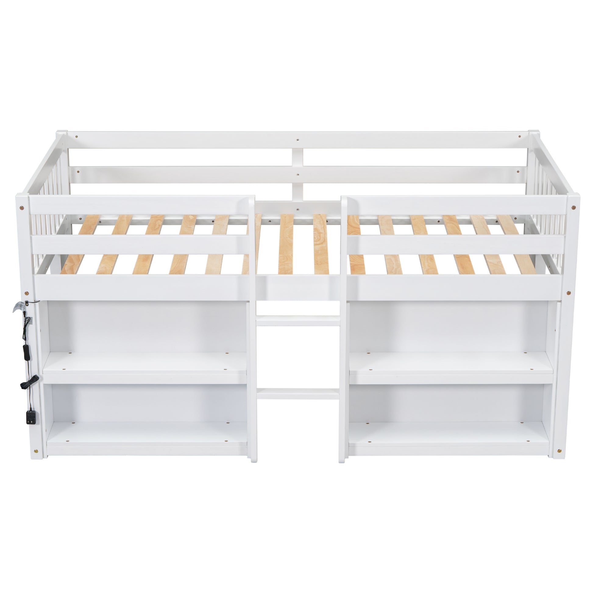 White loft bed with integrated shelving and ladder