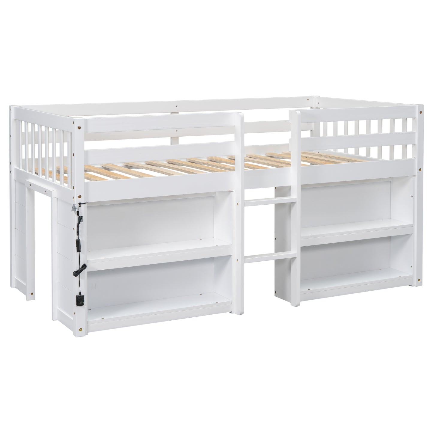 White loft bed with builtin shelving and ladder