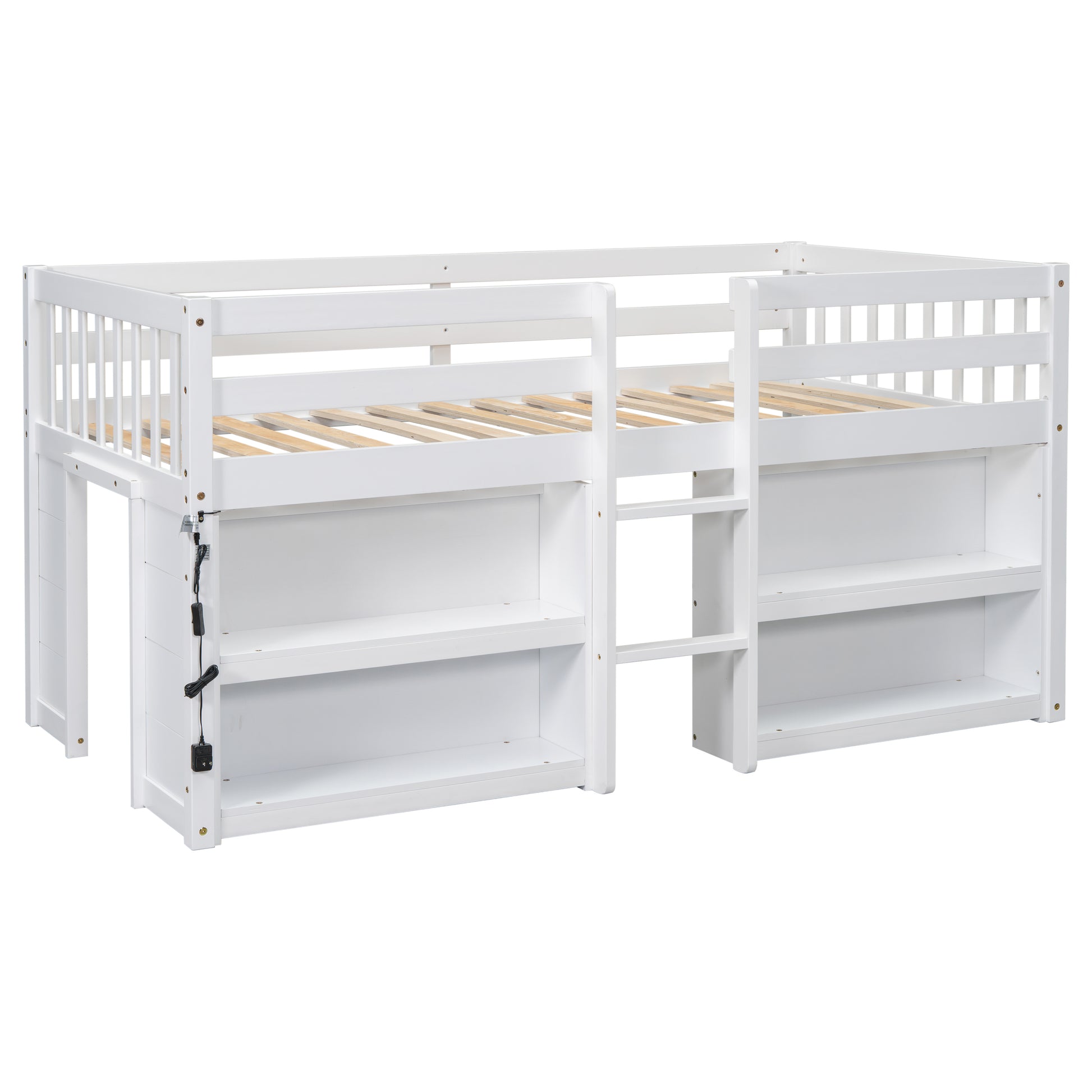White loft bed with builtin shelving and ladder