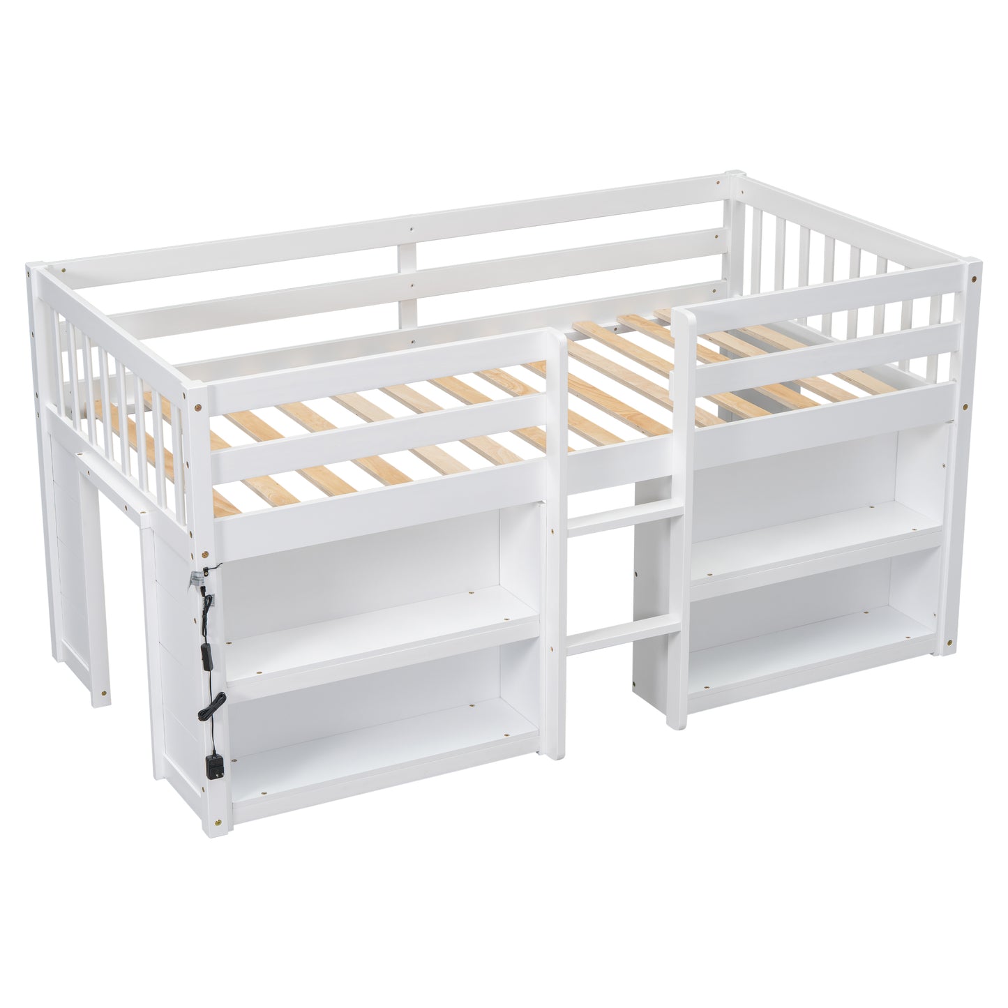 Twin Size Low Loft Bed with Shelves and LED Light in White