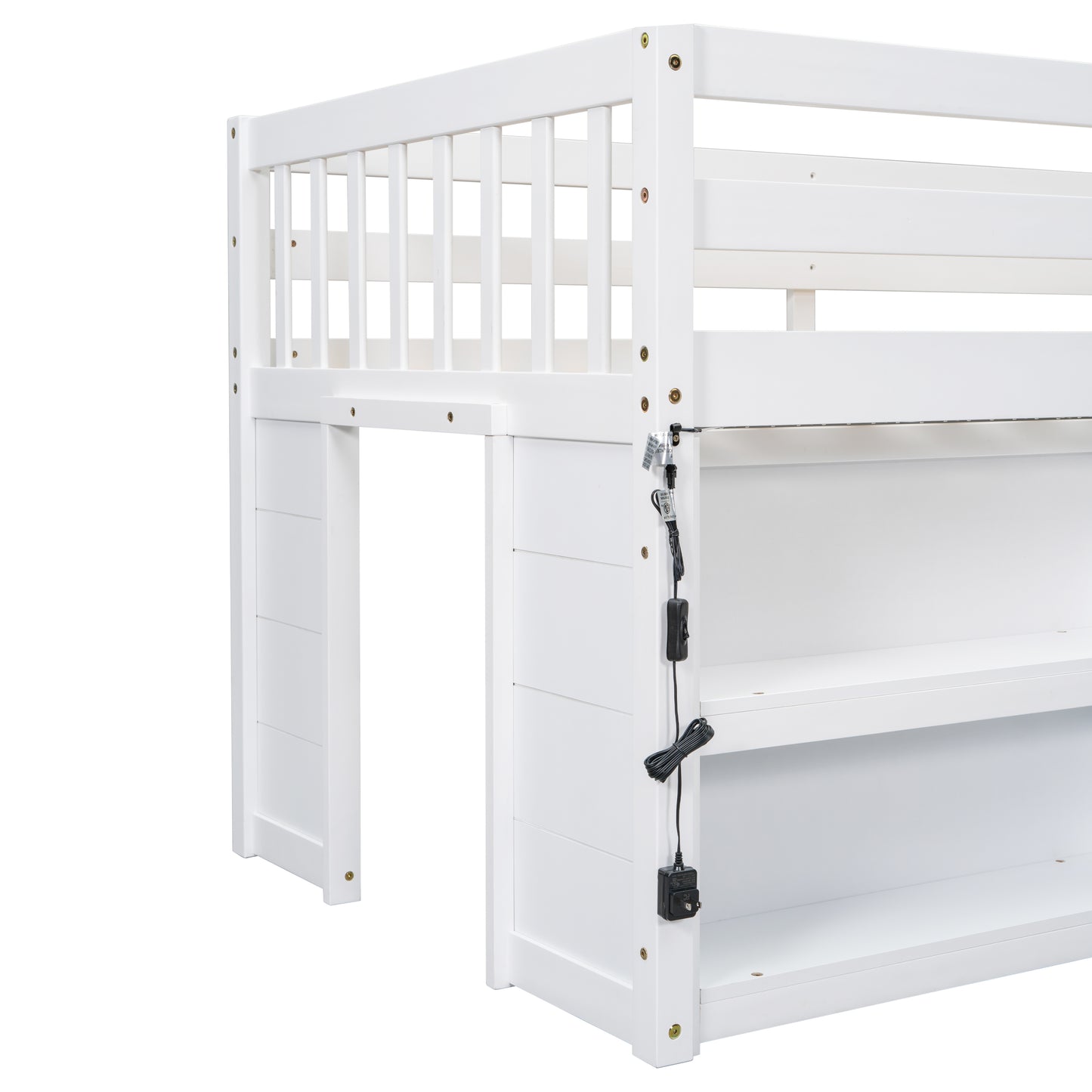 White wooden loft bed frame with integrated shelves and safety rails