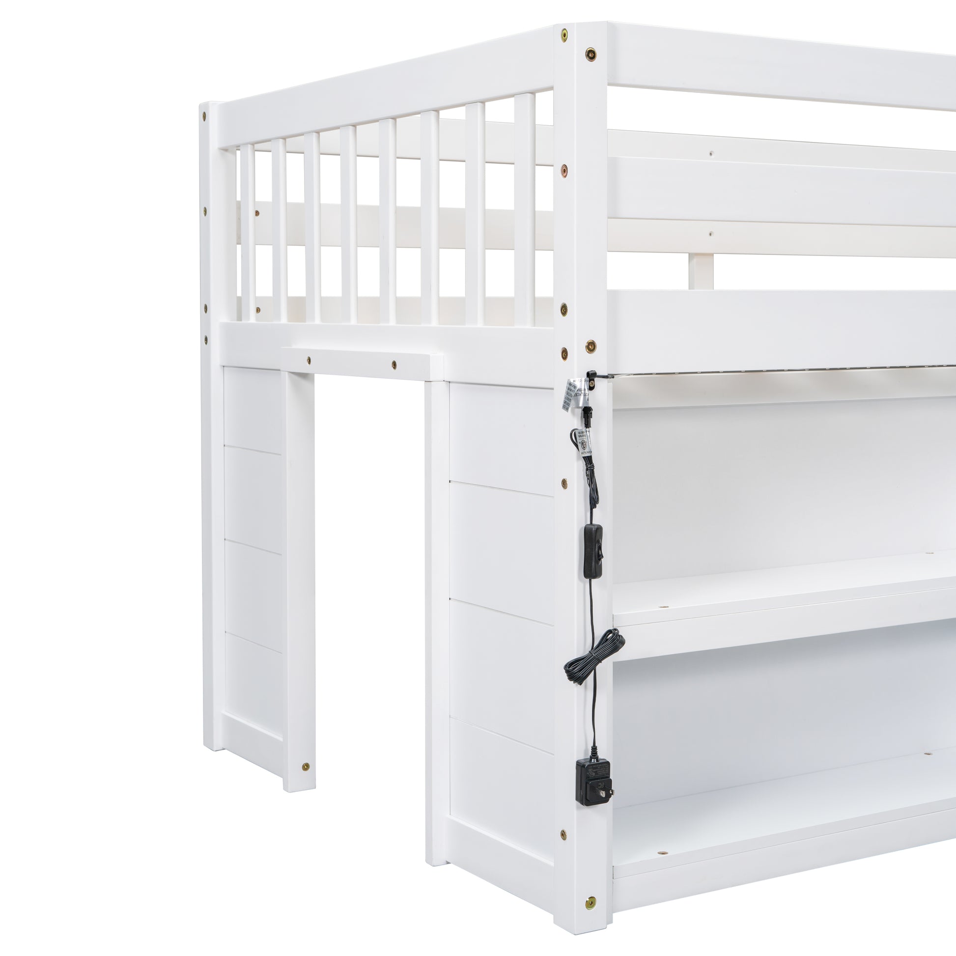 White wooden loft bed frame with integrated shelves and safety rails