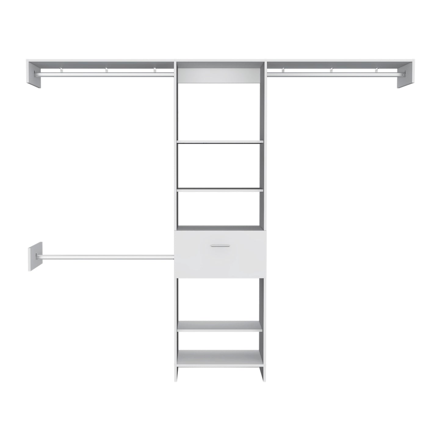 White modular closet system with multiple shelves and hanging rods