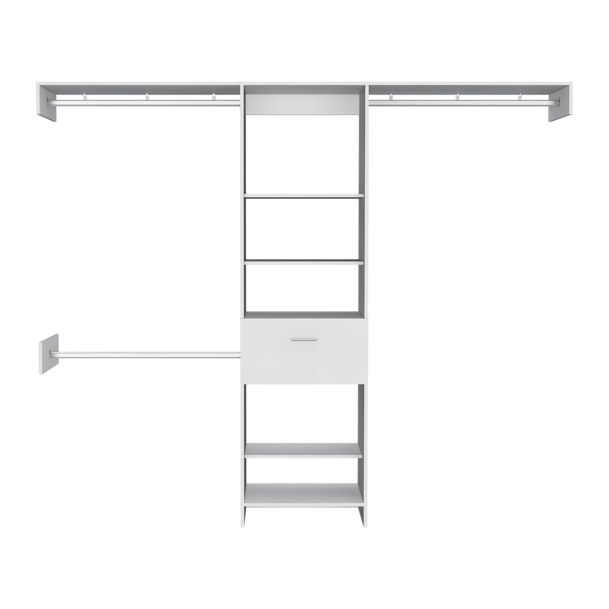 White modular closet system with multiple shelves and hanging rods