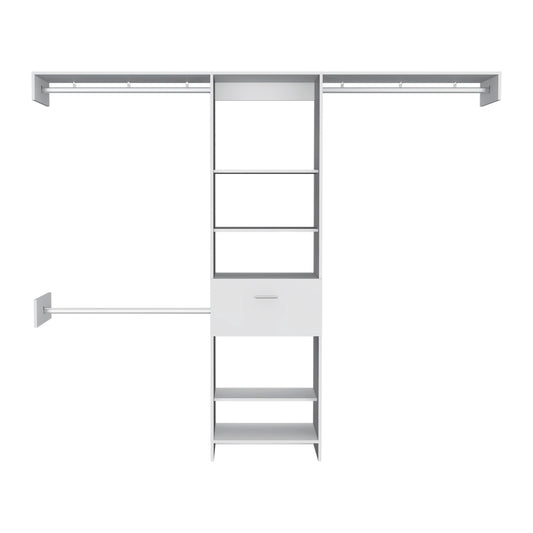 White modular closet system with multiple shelves and hanging rods
