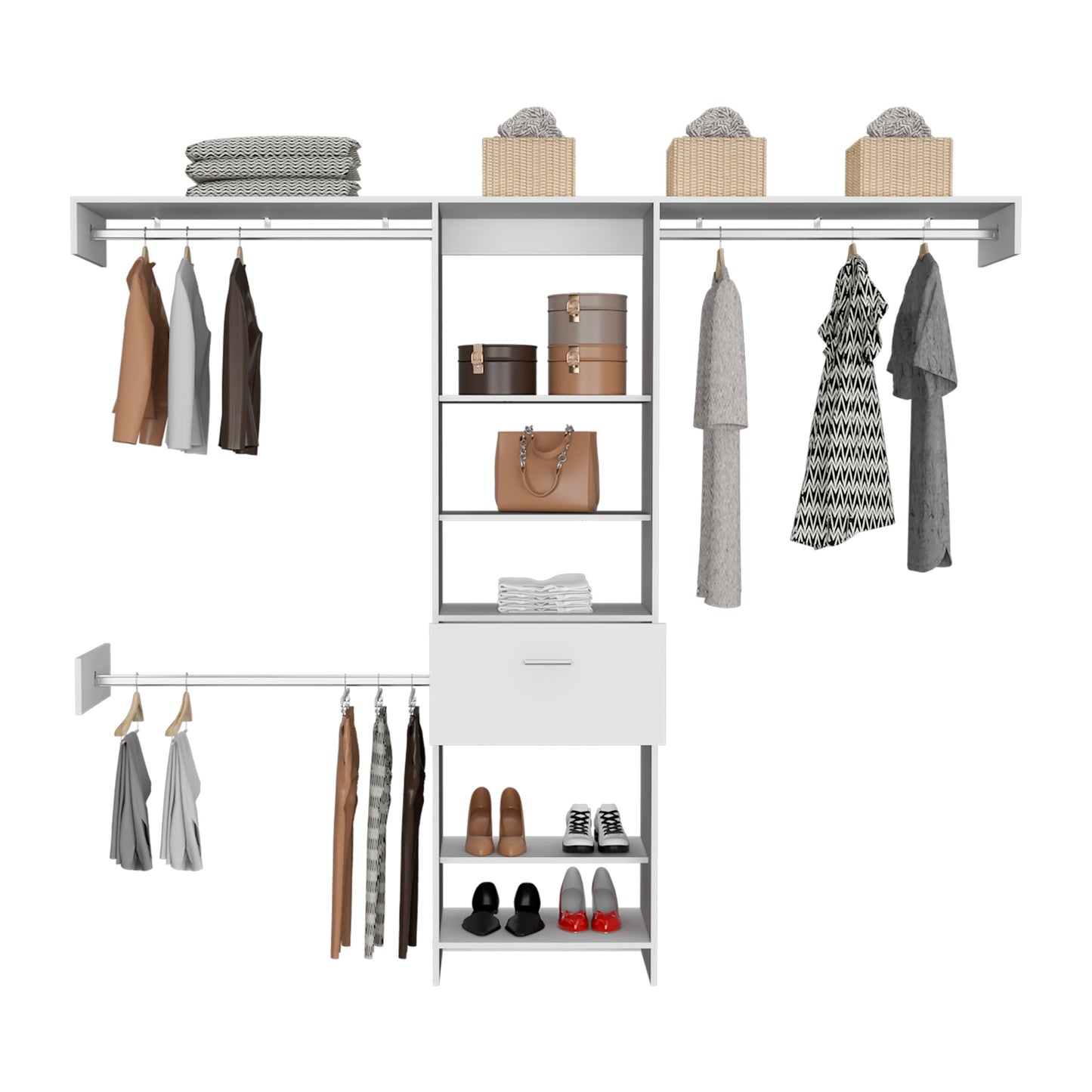 Stack of grey patterned towels on a white shelf